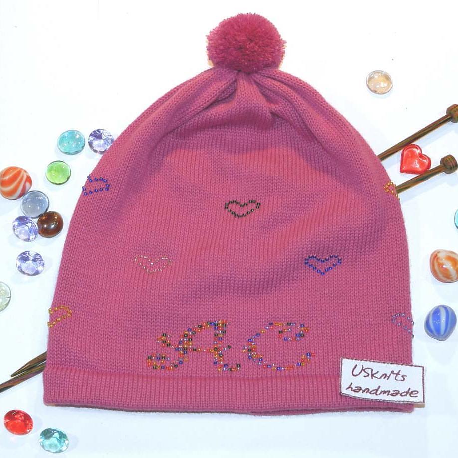 usknits в LOOKY — Personalized pink beanie for a girl with rainbow Toho seed b