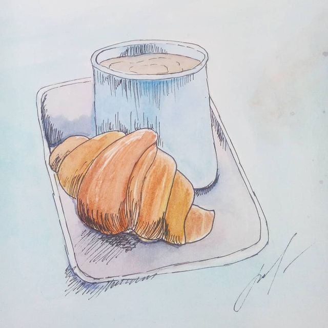 photo_sav83 в LOOKY. #скетч,#скетчингакварелью,#акварельныйскетч,#sketching,#sketchbook. Круассан и кофе #ске...