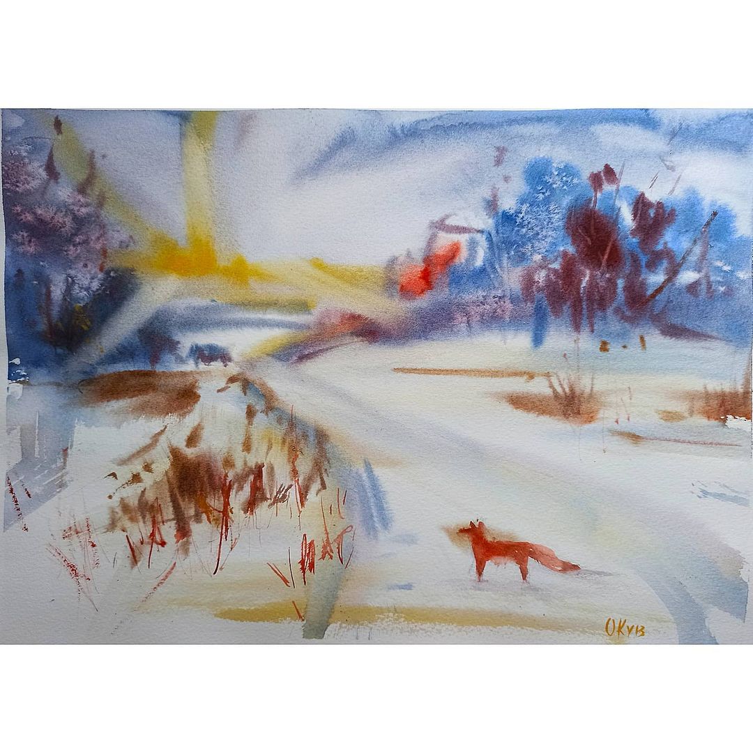oksanakostikova_art в LOOKY — ЗИМНИЙ ПЕЙЗАЖ С ЛИСОЙ, мой вариант по видеоуроку моей прекра