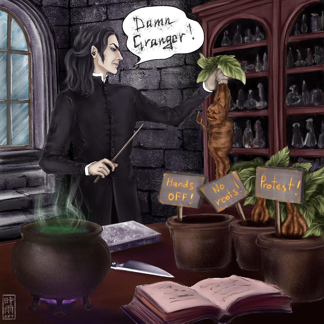 Rus/Eng
Впервые участвую в PotterWeekPrompts. И успеваю только один рисунок. Сегодня тема «ингредиенты» и у меня бастующие мандрагоры)) Снейп очень недоволен, тут явно не обошлось без Гермионы!!!

For the first time I participate in the PotterWeekPrompts. And I have time for only one drawing. Today the topic is “ingredients ” and I have striking mandrakes)) Snape is vary unhappy, there is definitely not without Hermione!

#potterweekprompts2021 #potterweekprompts #harrypotterart #harrypotterfan #harrypotterfanart #harrypotterillustrated #severussnapefanart #severussnapeart
