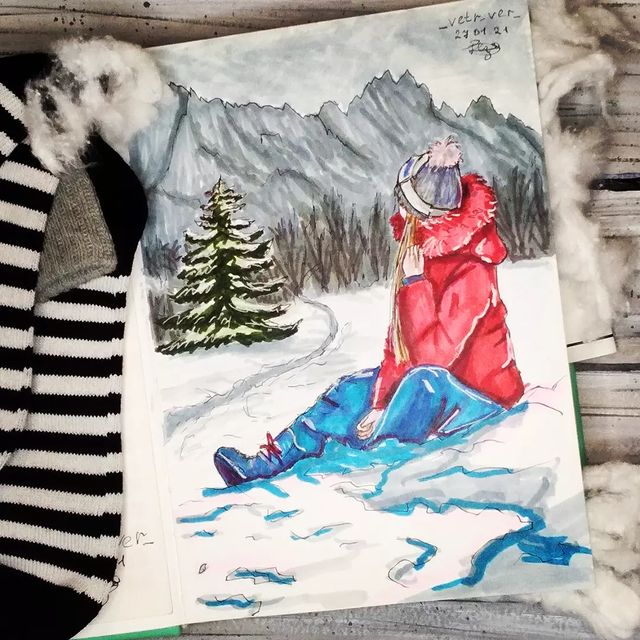 _n_vetr_ в LOOKY. #зима,#winter,#sketch,#dari_art,#скетч,#рисунки,#хобби,#счастье_в_горах,#art,#арт,#скетчбук,#маркеры. 🏔️Шапка, теплые нос...