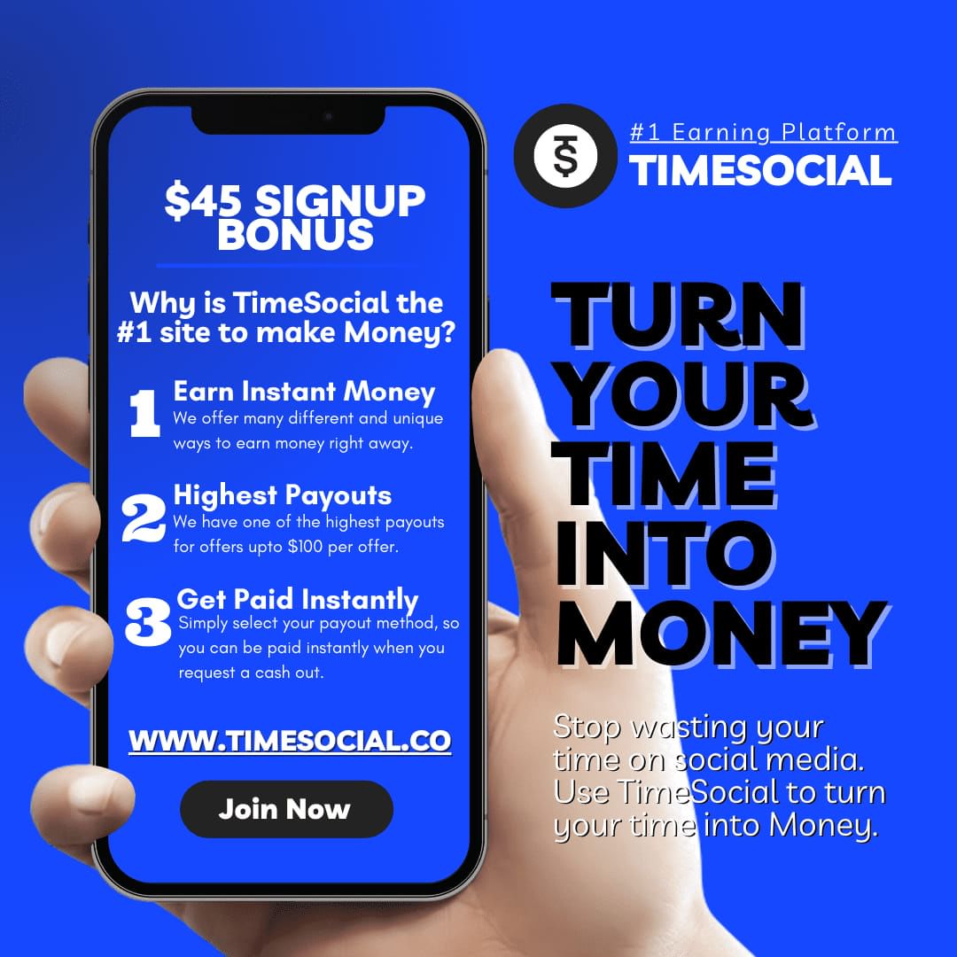 TimeSocial can help you Earn $500 Daily!.
Turn your time into real money. I'm talking real money here, not coins or points.

We get paid for testing apps, referring friends and using social media.

https://ref.timesocial.co/Cyduses79
💰 Sign up now using my link and receive $45🔥✅

People are making a lot of money 💰 and you get $45 just for signing up.

 #fyphttps://ref.timesocial.co/Cyduses79