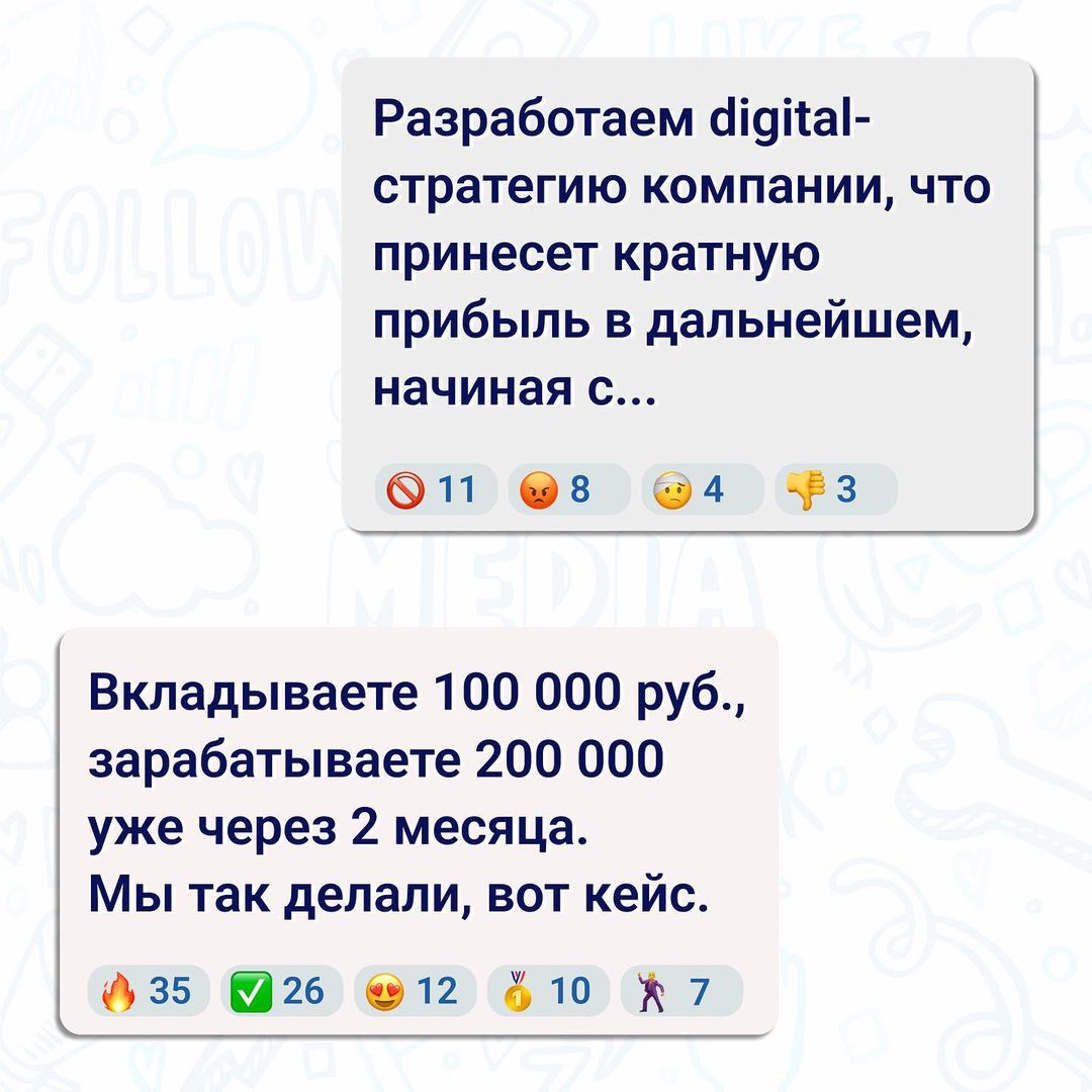 О маркетинге на языке предпринимателей
⠀
Сразу обозначу. Я за то, чтобы было коротко, ясно и без соплей.
⠀
Предприниматели, конечно, бывают разные, но всё-таки они про цифры которые сходятся в табличке, банковском счете, балансе компании и личной карте, разумеется. Маркетинг как профессия, направление и деятельность, многим и не интересен вовсе. Не интересны стратегии, инновации, рекламные посылы, сайты и прочее.
⠀
Нужны известность, клиенты, деньги и новый уровень жизни. Далее инструменты, которые позволят этого всего достичь, а как они будут называться - без разницы. Дайвинг, лайнинг, спидранинг, спининг или маркетинг. Главное, чтобы в сферах отражалось и цифры росли.
⠀
Я же здесь и сейчас могу говорить только про маркетинг, которым занимаюсь ежедневно. Про маркетинг в целом и мой маркетинг, которым управляю и внедряю в компании. К счастью практически всё здесь можно оцифровать, спрогнозировать и рассчитать. Вот вам 2 показателя, которые помогут превратить маркетинг в цифры ROMI и ROAS
⠀
Если ROMI показатель рентабельности всех маркетинговых инвестиций.
ROMI = (Доход от рекламы − Расход на рекламу) / Расход на рекламу × 100%
⠀
То ROAS - показатель рентабельности только рекламы
ROAS = Доходы от рекламы / Расходы от рекламы × 100%
⠀
Вроде банальные и простые формулы, при этом есть множество компаний, которые при миллионных бюджетах не считают эти показатели и, возможно, теряют большие деньги.
⠀
Имея опыт в нише можно прогнозировать эти показатели. Также с количеством клиентов, стоимостью за привлечению, прибылью. Да, есть нюансы в виде цикла сделки, воронок, LTV и сезонности. О них я расскажу в следующих постах.
⠀
В этом блоге я буду рассказывать о маркетинге в основном для предпринимателей. Ясно, понятно, простыми словами с привязкой к цифрам.
⠀
Читайте, разбирайтесь, внедряйте и зарабатывайте деньги. Можете выбрать услугу в сообществе и заказать. Или вообще написать “Леонид, в маркетинге ничего не понимаю, разбираться не хочу. Нужно 500 клиентов/месяц для компании по производству кровли, что надо сделать?” - и всё, начинаем работу.
⠀
Продуктивного роста! Если есть вопросы - пишите 😉
