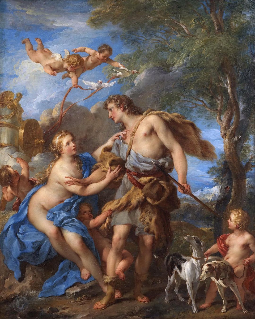 Venus and Adonis, Francois Lemoine, 1729, Nationalmuseum, Stockholm,

🌸 A new masterpiece on my page! Meet the allusion of Francois Lemoine - the painting "Venus and Adonis"! 🎨✨

In this beautiful work by Francois Lemoine, art and mythology are combined into one. "Venus and Adonis" is an image of the Roman goddess of love Venus and the beautiful young man Adonis.

This painting is an interpretation of the ancient Greek myth of Adonis, a beautiful young man with whom Venus was madly in love. 

Venus, the goddess of beauty and love, was a phenomenon of charm and inspiration. She shines with her irresistible grace, personifying the ideal of femininity. And Adonis, a young hunter, has an extraordinary attractiveness and passion for nature. Adonis was so beautiful that all women fell madly in love with him. According to legend, two women sued for him to possess him for six months. The beautiful Venus could not resist him either.

🖌️In the picture we see Venus, in a fit of love, leaning towards Adonis and somehow holding him. Her face is permeated with love and admiration. Cupid is behind with an arrow, and another Angel is trying to help Venus by detaining Adonis and getting tangled in his legs. But Adonis, dressed in the robes of a hunter, seems to leave, politely pulling away. The relationship between them is embodied in delicate and plastic lines, as well as in the use of pastel shades. 

🐗 🛡️But fate was not kind to the love of Venus, her beloved Mars found out about her love and was jealous of Adonis. Mars turned into a boar on a hunt and fatally wounded Adonis, who died of blood loss.

Francois Lemoine perfectly conveys emotions and passions in his paintings, evoking in us a sense of touching and deep understanding of these experiences. His work perfectly combines beauty, mystical background and the personification of love.

I am sure that many of you will appreciate this magnificent visual story presented in the painting by Francois Lemoine. 🌹💖

#Francoilemoine #VeneraIAdonis #painting #art #love #history #mythology #visualhistory #masterpiece #interpretation #emotions #picture #instagram
