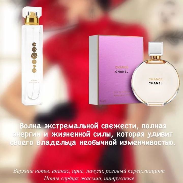 Аромат под номером 124 для поклонников аромата Chanel Chance.

«Выбор аромата похож на выбор любовника. Вы должны провести с ним ночь, чтобы узнать, подходите ли Вы друг другу».

В мире парфюмерии есть духи, ставшие легендами, которые и через десятилетия узнаваемы и  
желанны. За многими ароматами 80-90- х годов сейчас происходит настоящая«охота» - вместе с  
любимым запахом женщины пытаются вернуть себе воспоминания, эмоции, буквально возвратить ушедшее время. 

Чаще всего знаковой парфюмерией десятилетия становятся только самые яркие и выразительные  
творения искусства создания ароматов. Одним из таких парфюмов 2000-хстали Chanel Chance. Этот запах теперь навсегда вписан в ольфакторную энциклопедию современности. Прошло уже почти 15 лет с момента их создания, а блогеры и простые пользователи интернета до сих проставляют на парфюм такие отзывы, что хочется пойти и немедленно купить Сhanel Chance и погрузиться в мечты или воспоминания.