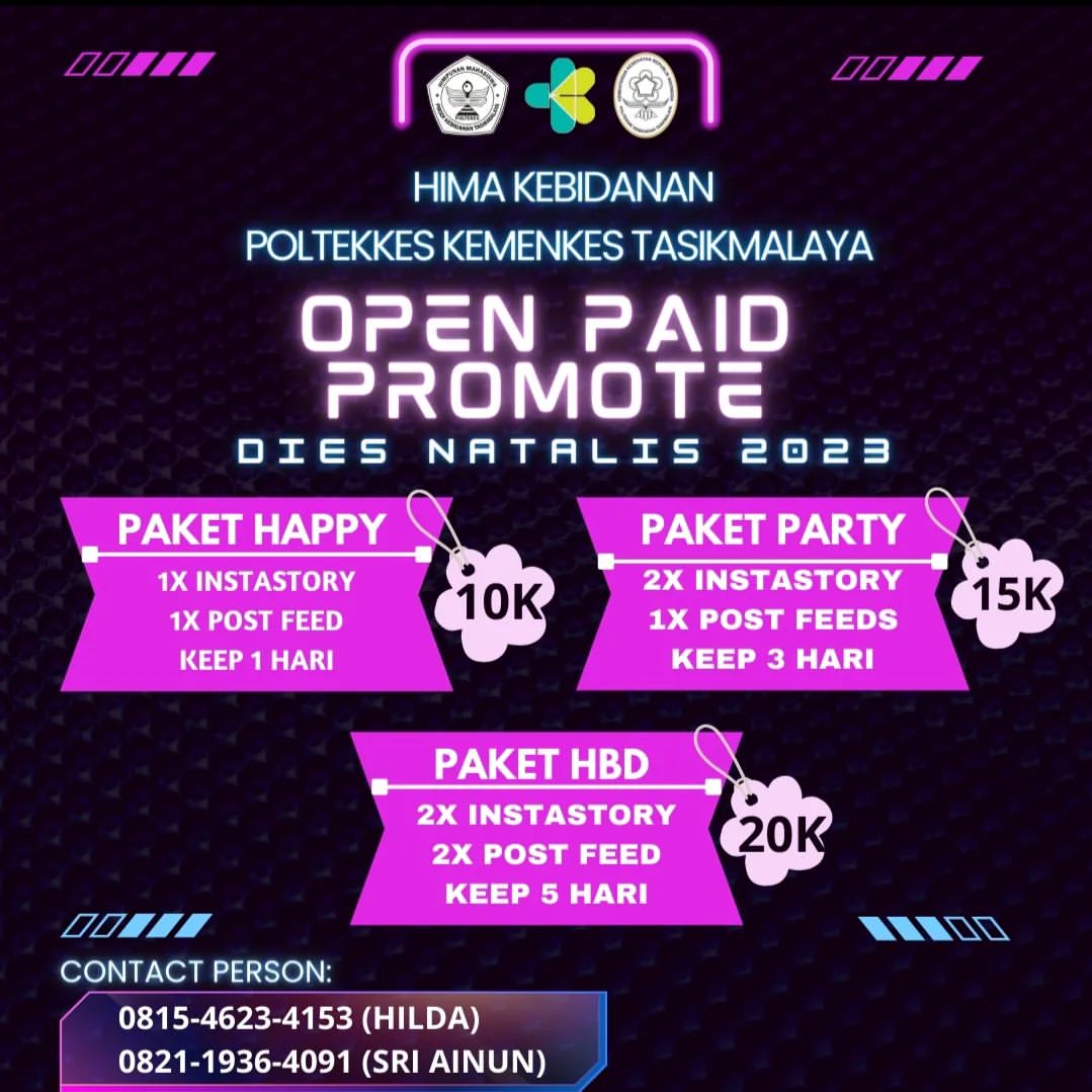 [OPEN PAID PROMOTE DIES NATALIES HIMAKEBTSM 2023] 

Hai everyone🤗 
. 
Kalian ada event? atau punya usaha? Usaha masih baru? Punya online atau offline shop? Ingin makin banyak pembeli? Tapi bingung mau promosi dimana? 
. 
Don't worry and stay cool guys😎 
.
HIMABIDANTSM punya solusinya. Kami membuka jasa paid promote dengan 145++ akun instagram aktif dan 120K++ followers. Jadi bisnis online/offline shop yang masih baru maupun yang sudah lama dan event kalian semakin populer, yang pastinya dapat menguntungkan bagi kalian🤑🤑 

Berikut paket yang kami tawarkan, tentunya dengan harga yang SANGAT TERJANGKAU :
🤩 Paket Happy (10K) 
1 Feeds + 1 IG Story 
Keep 1 hari 
🥳Paket Party (15K) 
1 Feeds + 2 IG Story 
Keep 3 hari 
🎂Paket HBD (20K) 
2 Feeds + 2 IG Story 
Keep 5 hari 

So, tunggu apa lagi❓
Skuyy Gaskeunnn ahh💃🏻, langsung promosikan bisnis online maupun offline atau event kalian bersama kami😍 

Hubungi CP di bawah ini untuk pemesanan dan informasi lebih lanjut: 
📱:Contact Person 
0815-4623-4153 ( Hilda Eka Puspita)
0821-1936-4091 (Sri Ainun)
IG : @himabidantsm

#himabidantsm #paidpromote #paidpromote2023
#paidpromotemahasiswa #paidpromoteindonesia #paidpromotejakarta #paidpromote bandung #paidpromotejogja #paidpromotemurah #paidpromotetrusted #paidpromoteolshop #kotatasikmalaya #mahasiswatasikmalaya