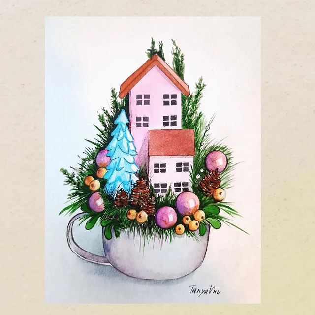 Татьяна Внученкова в LOOKY. #happynewyear,#sketch,#aquarelle,#watercolor,#tanyavnuart,#новогодний,#скетч,#рисунок,#акварель,#белыеночиакварель. Новогодняя тематика)...