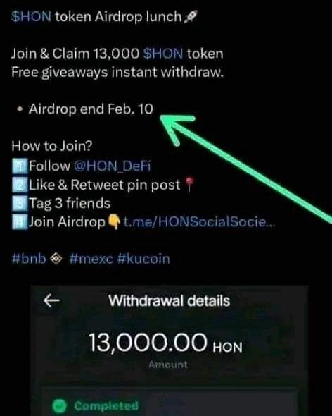 $HON token Airdrop lunch🚀

Join & Claim 13,000 $HON token
Free giveaways instant withdraw.

🔸Airdrop end Feb. 10

Join Airdrop👇https://t.me/HONSocialSociety_BOT?start=r00655911860