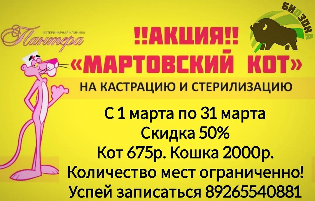 ❗АКЦИЯ ,,Мартовский кот"❗

С 01.03.24г по 31.03.24г.

Ветеринарная клиника Пантера совместно с Благотворительным фондом защиты животных и окружающей среды БИоЗОНа проводят совместную акцию по стерилизации и кастрации кошек.

В рамках акции цена на операцию сниженна на 50%🔥

Стерилизация это единственный гуманный способ регулирования количества безнадзорных животных и показатель ответственного отношения к домашним питомцам!

#ветклиникабелоозерск
#ветеринарнаяаптекабелоозерск
#ветклиникавоскресенск #ветеринарнаяклиникапантера #акция #акциямартовскийкот #стерилизуйнеплоди #стерилизациякошки #кастрациякота