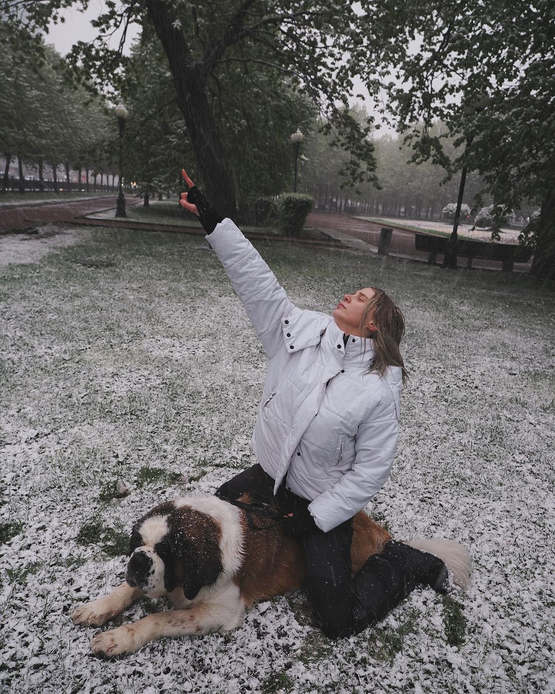 Хочу выложить майские фоточки с самого красивого весеннего дня в Москве. Люблю снег. И Пугля. А снег люблю из-за Пугля. 
#май2024 #москва #снег #сенбернар
