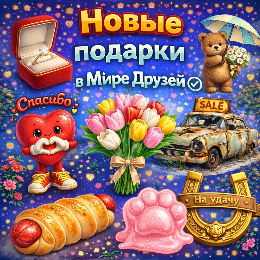 ‎✨ **Новые подарки уже в Мире Друзей!** ✨
‎
‎В социальной сети **Мир Друзей** появились новые подарки, которыми можно порадовать друзей, близких и просто поднять настроение 💌
‎
‎В новую подборку вошли:
‎💍 кольцо с бриллиантом
‎❤️ сердечко «Спасибо»
‎🌷 нежный букет тюльпанов
‎🐻 мишка с зонтом и ромашками
‎🚗 ретро-машина с SALE
‎🌭 аппетитная сосиска в тесте
‎🐾 розовая лапка-слайм
‎🍀 подкова «На удачу»
‎
‎Теперь в Мире Друзей стало ещё больше способов выразить эмоции, внимание и заботу — от милых и романтичных подарков до забавных и необычных 🎁
‎
‎Заходите в **Мир Друзей**, выбирайте понравившийся подарок и отправляйте тем, кому хотите сделать приятно уже сейчас 💙
‎
‎**Мир Друзей — дарить эмоции легко!**
‎