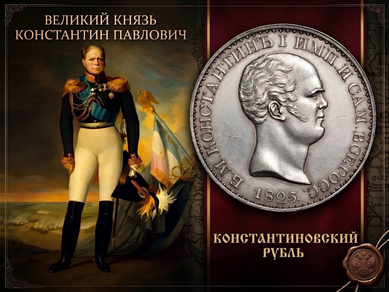 Как известно, история не терпит сослагательного наклонения, но всё равно мы очень часто произносим фразу «А что было бы, если…?», пытаясь догадками и предположениями повернуть вспять ход истории и предугадать другие варианты развития событий. 
Однако, в Музее нумизматики МНК есть экспонат, который фактически олицетворяет эту фразу.

На выставке «Золотые монеты в истории династии Романовых» представлен Константиновский рубль – одна из редчайших и самых знаменитых русских монет.

История этого нумизматического артефакта связана с периодом междуцарствия после загадочной смерти императора Александра I на фоне дворцовых интриг и Восстания декабристов. Чеканка монеты предназначалась для великого князя Константина Павловича, которому так и не суждено было стать императором Российской империи.

Известно всего девять экземпляров Константиновского рубля. Семь из них были отчеканены по поручению министра финансов Егора Канкрина в 1825 году в период междуцарствия, а еще два – в период с 1884 по 1896 годы хранителем российских монет и медалей Императорского Эрмитажа Юлием Иверсеном.
https://coinmuseum.ru/exhibitions/schedule/month/