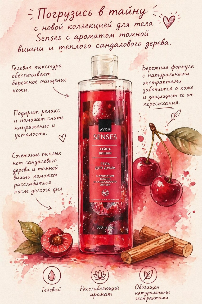 Погрузись в тайну с новой коллекцией для тела Senses с ароматом томной вишни и теплого сандалового дерева. 
Гелевая текстура обеспечивает бережное очищение кожи. 
Подарит релакс и поможет снять напряжение и усталость. Сочетание теплых нот сандалового дерева и томной вишни поможет расслабиться после долгого дня. 
Бережная формула с натуральными экстрактами заботится о коже и защищает ее от пересыхания. 
Гелевый, Расслабляющий аромат, Обогащен натуральными экстрактами