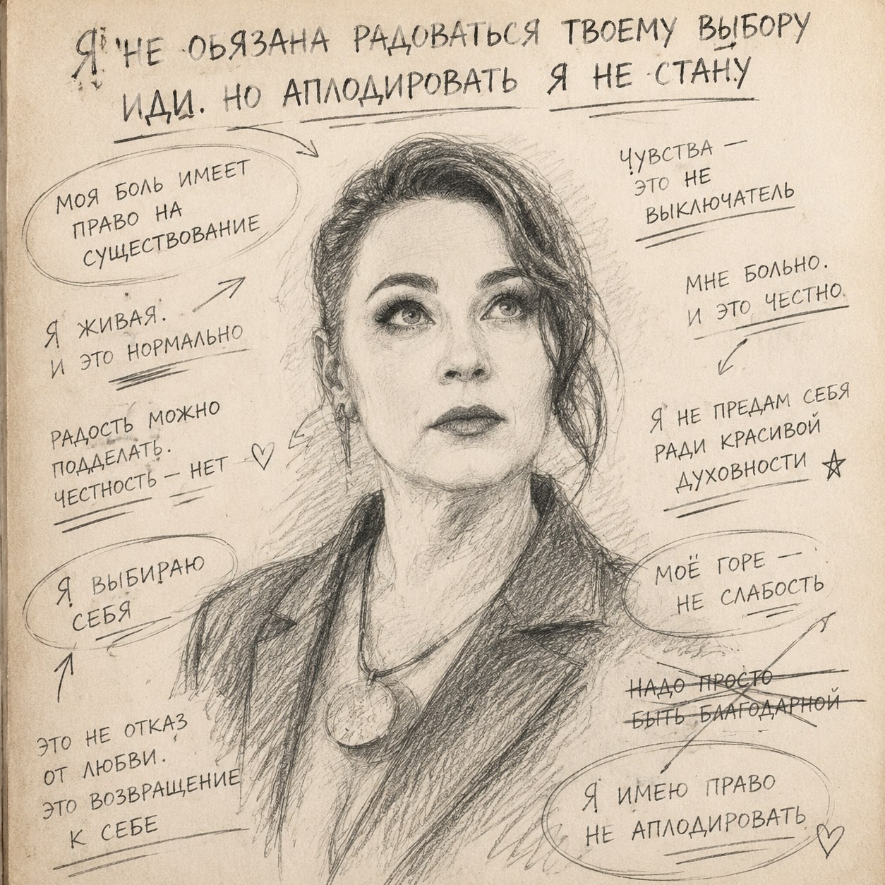 В книге Некрасова есть мысль: любовь — это когда партнёр полюбил другую, а ты искренне радуешься за него. Звучит красиво. Пока не окажешься внутри.

Первое чувство — сопротивление. Нас слишком долго учили быть удобными: терпеть, прощать, отпускать «красиво». Эта фраза — финальный аккорд: ты должна не просто отпустить, а ещё и порадоваться. Твоей боли как будто нет права на существование.

Но чувства — не выключатель. Нельзя утром любить, а к вечеру «искренне порадоваться». Это возможно, только если любви уже не было — или если человек запретил себе злиться и горевать. Я видела таких женщин: правильные слова, улыбка, а внутри — выжженная пустыня. Тело кричит: «Ты меня предала».

Я верю в высокую любовь, где нет собственничества. Но между свободой и самоуничтожением — тонкая грань. Радоваться за него — значит отказаться от себя. А моя боль — индикатор, что я живая. Если я её не чувствую — я защищаюсь. Если чувствую, но улыбаюсь — я предаю себя.

Зрелая любовь для меня звучит иначе:
«Мне больно. Я в ярости. Я не желаю тебе зла, но не обязана радоваться твоему выбору. Я уважаю его, потому что уважаю себя. И я имею право горевать столько, сколько нужно».

Радость можно подделать. Честность — нет.
Если однажды я смогу спокойно посмотреть на него с другой — это будет не «духовность». Это будет результат моей внутренней работы. Моя победа. Не его.

А пока я имею право сказать: «Иди. Но аплодировать тебе я не стану».

Это не отказ от любви. Это возвращение к себе.