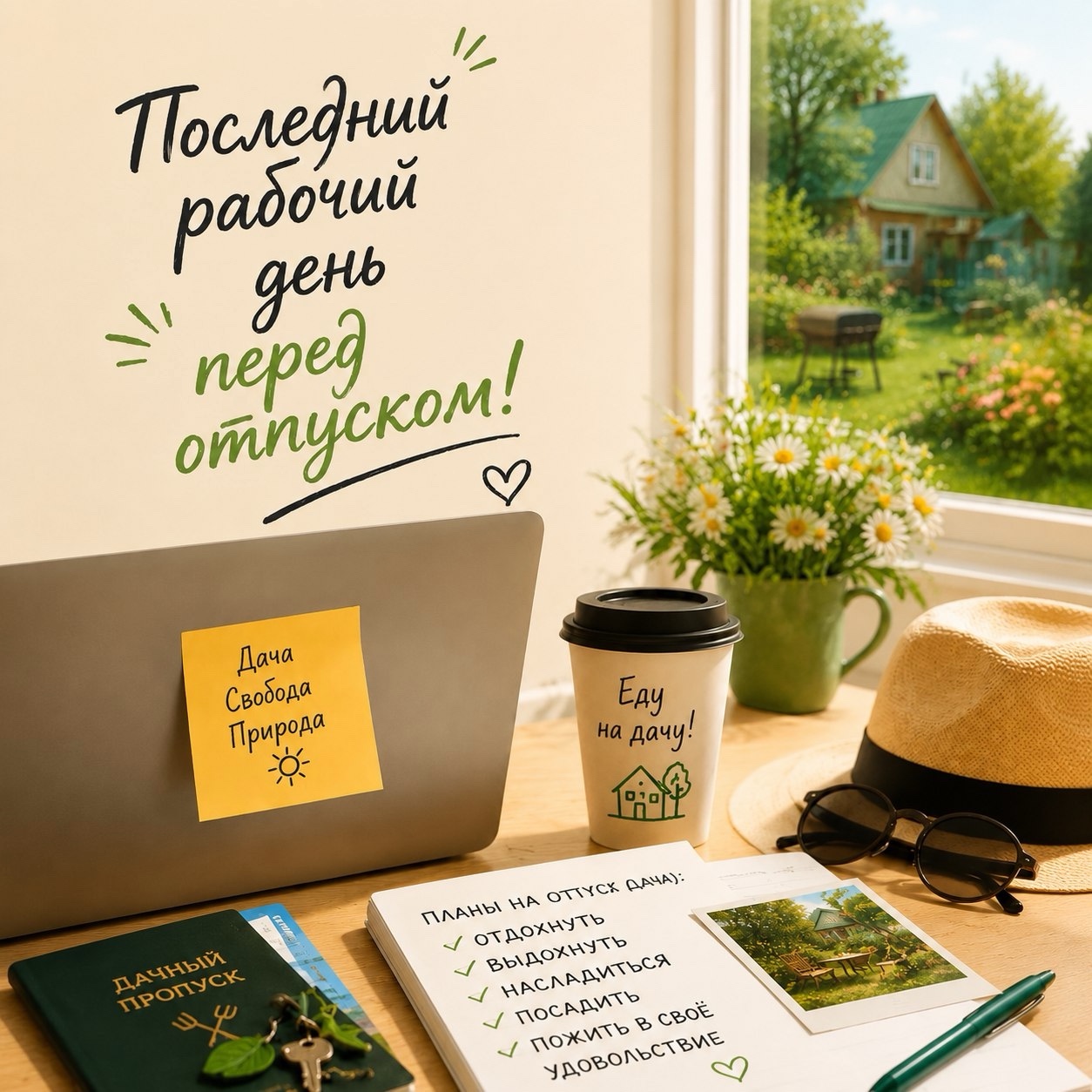 Ещё один рабочий день— и здравствуй, дача! 🏡
Чемодан почти собран, мысли уже там — среди ромашек, шашлыков и тёплых вечеров на веранде ☕🌼

📝 Планы на отпуск простые:
✅ Отдохнуть
✅ Выдохнуть  
✅ Насладиться тишиной
✅ Посадить что-нибудь вкусное
✅ Пожить в своё удовольствие 💚

Кто ещё считает минуты до свободы? 🙌
#отпускблизко #едунадачу #последнийрабочийдень