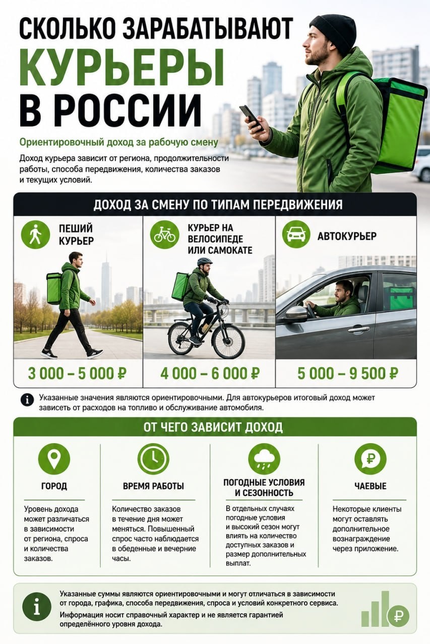 В среднем курьер в России зарабатывает от 3 000 до 8 000 рублей за полный рабочий день (смену длительностью 8–10 часов), в зависимости от региона и способа передвижения.

Заработок за день по типам передвижения (в крупных городах).
1) Пеший курьер: 3 000 – 5 000 ₽ за смену.
2) Курьер на велосипеде или самокате: 4 000 – 6 000 ₽ за смену.
3) Автокурьер: 5 000 – 9 500 ₽ за смену до вычета расходов на бензин и амортизацию.

От чего зависит сумма за день.

Город: В Москве и Санкт-Петербурге ставки за час выше - в среднем 350–650 ₽/час), в региональных миллионниках доход за смену ниже примерно на 20–30%.

Часы работы: Больше всего заказов поступает в пиковые часы — во время обеда 12:00–15:00 и вечера 18:00–22:00.

Погода и праздники: В дождь, снегопад, сильный ветер или в предновогодние дни сервисы вводят повышенные коэффициенты и бонусы, увеличивающие дневной доход на 30–100%.

Чаевые: Дополнительный бонус от клиентов через приложение.

Актуальные предложения и условия конкретных сервисов можно посмотреть на сайте в описании группы.

Если вы рассматриваете эту работу, уточните: В каком городе вы планируете работать? Какой способ передвижения вам удобнее (пешком, на велосипеде, на машине)? Я подскажу более точные цифры для вашего случая.