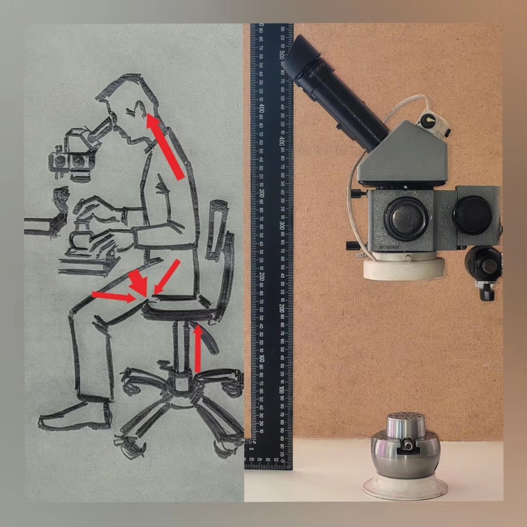 Насколько я понимаю, общепринятым считается, что, в отличие от микроскопов с окулярами "параллельными" объективу, более удобны для работы бинокулярные микроскопы с окулярами расположеными под углом к объективу. 
Но, пользуясь таким микроскопом, я столкнулся с проблемой - если рабочее расстояние от объектива до наблюдаемой поверхности 170-200 мм., с учётом высоты тушки микроскопа от зрачка окуляров до объектива и высоты приспособления, фиксирующего наблюдаемый объект, общая высота зрачка над уровнем колен оператора оказывается слишком большой для многих людей. При необходимости разместить наблюдаемый объект на уровне столешницы верстака такая ситуация только усугубляется. В результате приходится чрезмерно вытягивать шею или увеличивать высоту рабочего сиденья. Оба варианта не комфортны и даже вредны для здоровья.
Помочь в решении проблемы может наклон тушки микроскопа, в результате чего уменьшится высота зрачка над наблюдаемым объектом, а увеличившееся расстояние от груди оператора до рабочей зоны легко компенсируется небольшим выдвижением локтей вперёд. Это сделать гораздо проще, чем вытягивать шею вверх. Для такого решения лучше подойдёт микроскоп с "параллельной" оптикой (то есть без наклона окуляров).
Но и микроскопы с окулярами расположеными под углом тоже лучше использовать с такими штативами. Небольшой наклон тушки  на 10-15° уменьшит высоту зрачка над наблюдаемым объектом примерно на 50 мм., что значительно облегчит работу с микроскопом.
 На фото 2 и 3 - микроскопы БМ51-2 и Meiji на штативах позволяющих наклонять тушку микроскопа. Огромная благодарность Юлии Михайловой @barracuda784 за любезное разрешение использовать её фотографии для моей публикации о микроскопах.
Продолжение, надеюсь, следует. Вопросы, комментарии и конструктивная критика приветствуются и с благодарностью принимаются.
#городскаягеология #камнерезка #микроскоп.