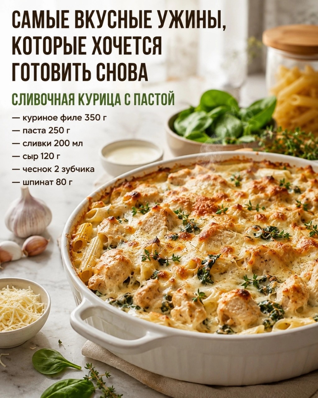 Ужины, которые хочется готовить сновa 🍽✨ 
 
Сытные, домашние, красивые и очень аппетитные — такие блюда легко собрать из обычных продуктов, а выглядят они как из уютного ресторана. 
 
1⃣ Сливочная курица с пастой.
Обжарьте курицу с чесноком, добавьте сливки, пасту и шпинат. Переложите в форму, посыпьте сыром и запеките до румяной корочки. 
 
2⃣ Картошка с фаршем под сыром.
Картофель нарежьте тонкими ломтиками, фарш обжарьте с луком и специями. Выложите слоями со сметаной, посыпьте сыром и запекайте до мягкости 🧀 
 
3⃣ Лосось в сливочном соусе.
Лосось быстро обжарьте, добавьте сливки, чеснок и немного лимона. Подавайте с рисом и брокколи — получается нежно, сочно и очень красиво. 
 
4⃣ Тефтели в томатном соусе.
Смешайте фарш с рисом и луком, сформируйте тефтели. Потушите их в томатном соусе со сметаной, а в конце добавьте сыр и зелень. 
 
5⃣ Гречка с курицей и грибами.
Курицу обжарьте с грибами и луком, добавьте готовую гречку. Влейте сливки, прогрейте пару минут — ужин получается сытным и очень домашним. 
 
6⃣ Ленивая лазанья с сыром.
Соберите слои из листов лазаньи, фарша, томатного соуса и сливочной заливки. Посыпьте моцареллой и запекайте до золотистой сырной шапочки 🍅 
 
Приятного аппетита!