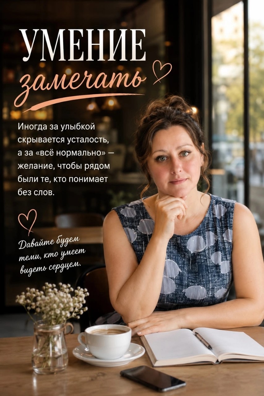 ... БЫВАЕТ, ЧЕЛОВЕК УЛЫБАЕТСЯ...
И КАЖЕТСЯ, ЧТО У НЕГО ВСЁ ХОРОШО ....

Он отвечает:
— Всё нормально.

И разговор заканчивается.

Но ведь мы сами знаем, что иногда за этим «НОРМАЛЬНО» скрывается бессонная ночь, усталость, тревога или желание, чтобы кто-нибудь просто побыл рядом.

С возрастом начинаешь замечать одну вещь.

Людям не всегда нужны правильные советы.
Гораздо чаще им нужно почувствовать, что их действительно услышали.

Наверное, поэтому самые тёплые люди — не те, кто говорит красиво.
А те, рядом с кем становится спокойно.

Мне хочется, чтобы здесь было именно так.

Без необходимости казаться сильнее, успешнее или счастливее, чем есть на самом деле.

Чтобы каждая женщина могла зайти сюда после тяжёлого дня, немного выдохнуть и понять:

«МЕНЯ ПОНИМАЮТ.»

А если сегодня рядом окажется человек, который выглядит слишком спокойным...
Возможно, именно ему сейчас особенно нужна ваша доброта.

Берегите друг друга!!!

🌿 И пусть сегодняшний день оставит после себя что-то доброе!!!....

#мыслиожизни #женскийблог #доброта #простыеразговоры