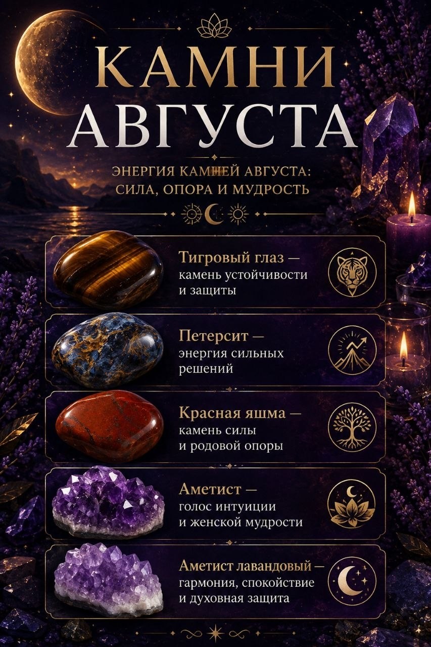 Энергия августа: сила, опора и мудрость 🍂

Август — время не бежать, а остановиться. Укрепить опору внутри, услышать себя и спокойно войти в новый сезон.

У месяца есть свои камни-проводники. Каждый — тихий помощник в завершении и переходе.

💍 Тигровый глаз — устойчивость и защита. Мягкий щит от лишнего, опора, когда штормит. Напоминание: «Ты сильнее. И всё под контролем».

💍 Аметист — голос интуиции и женской мудрости. Помогает слышать себя, замечать знаки и выбирать своё. Спокойный компас в период замедлений.

💍 Красная яшма — сила и родовая опора. Даёт ресурс действовать, даже если страшно. Якорь, который шепчет: «Я справлюсь. У меня есть опора».

💍 Петерсит — энергия сильных решений. Ясность ума, финансовая устойчивость, спокойная сила без лишних слов.

Август — время собирать себя. Пусть камни станут не просто украшением, а вашей красивой опорой ✨

Чувствуете, что нужен такой помощник? Пишите в личку @Lily_witch_ny — создадим вашу личную опору на этот месяц 🙌

С теплом, Лилия 🪷

#АстроКамниLily #каменьмесяца [#август ](август)