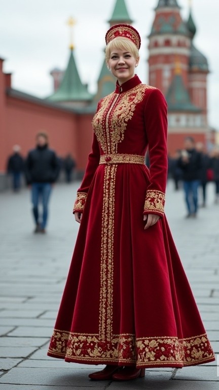 #Свой_аватар #LOOKY_нейронка

Женщина, изображённая на фото, в полный рост, в народном русском бархатном наряде, расшитом золотом, в красных сафьяновых сапожки, в кокошнике (венце),, позирует на Красной площади в Москве