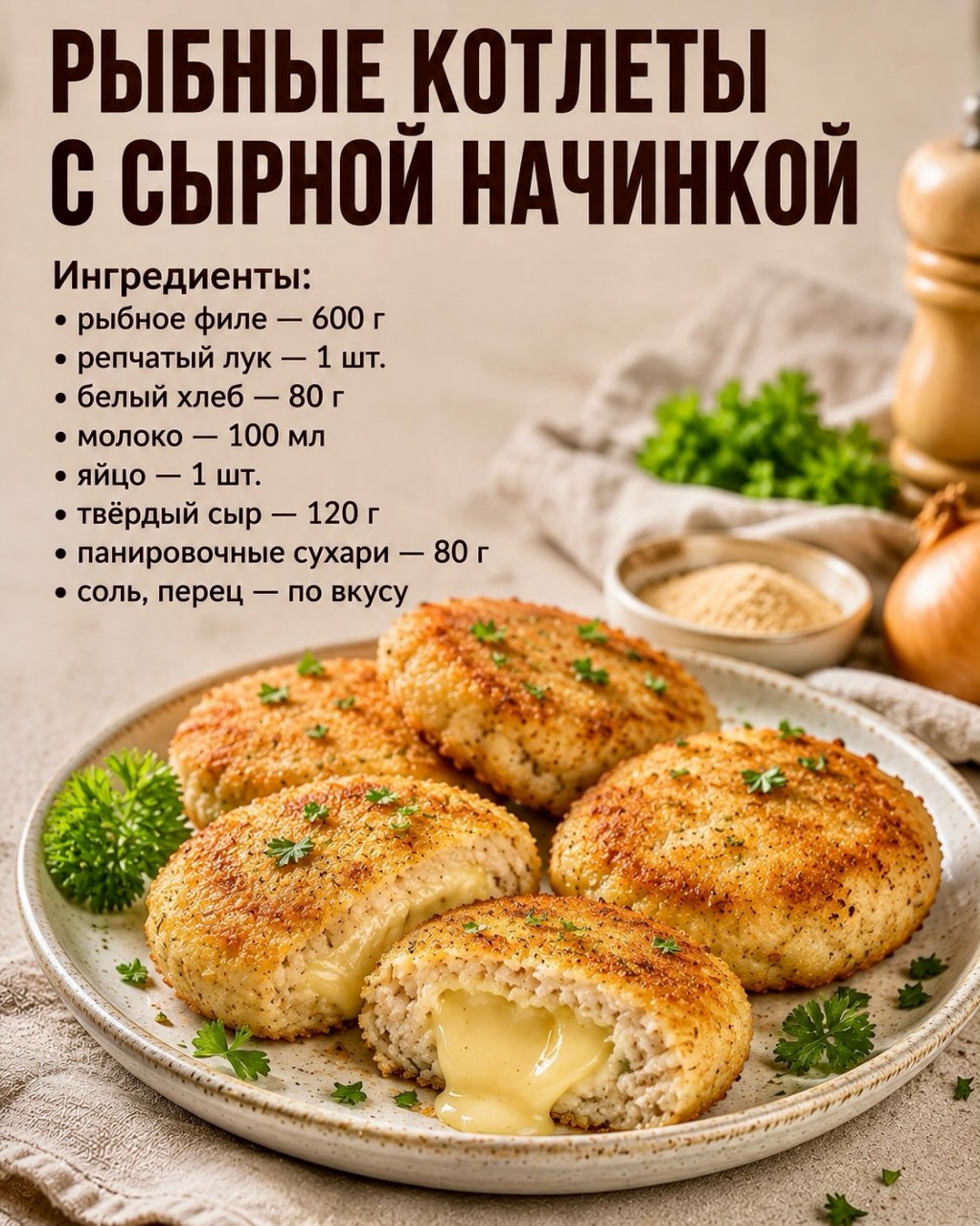 Меню на каждый день в LOOKY — РЫБНЫЕ КОТЛЕТЫ С СЫРНОЙ НАЧИНКОЙ.

Приготовление:
Пропустите