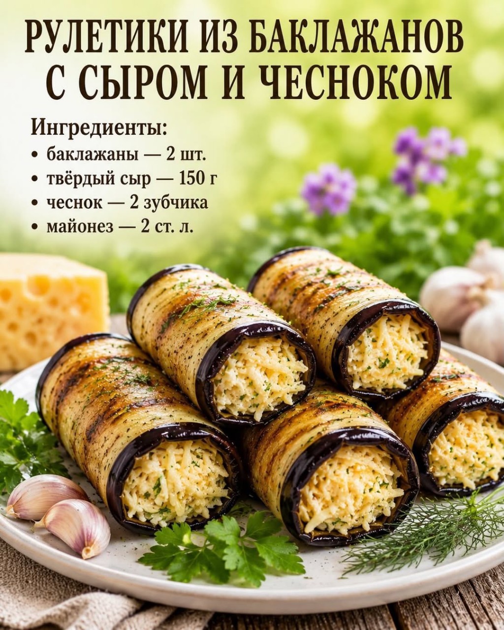РУЛЕТИКИ ИЗ БАКЛАЖАНОВ С СЫРОМ И ЧЕСНОКОМ

Сыр натрите на мелкой тёрке, смешайте с майонезом и измельчённым чесноком. Обжаренные баклажаны остудите. 
Выложите сырную массу на пластины баклажанов, сверните рулетиками и охладите перед подачей.