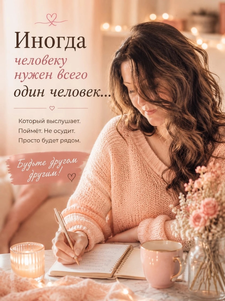 ... ИНОГДА ЧЕЛОВЕКУ НУЖЕН ВСЕГО ОДИН ЧЕЛОВЕК....

Есть мысль, к которой я возвращаюсь снова и снова.

Каждому из нас хотя бы раз в жизни встречался человек, после разговора с которым становилось легче.

Он не решал наши проблемы.

Не давал волшебных советов.

Не рассказывал, как правильно жить.

Он просто был рядом.

Выслушивал.

Не осуждал.

И почему-то именно после таких разговоров становилось спокойнее.

С возрастом начинаешь смотреть на многое иначе.

Понимаешь, что добрые слова никогда не бывают мелочью.

Иногда одна искренняя фраза может поддержать сильнее, чем десятки красивых речей.

Наверное, именно поэтому мне так хочется, чтобы моя страница была местом, куда можно заглянуть вечером с чашкой чая.

Без спешки.

Без шума.

Без необходимости кому-то что-то доказывать.

Просто остановиться на несколько минут.

Улыбнуться. 🙂

И, может быть, почувствовать, что ты не один.

Если сегодня рядом с вами есть человек, которому сейчас непросто...

Не проходите мимо!!!

Иногда обычное: «Как ты?» сказанное от души, способно согреть сильнее любых советов.

🌿 Пусть сегодняшний день оставит после себя что-то доброе...

#МыслиОДобром #ОльгаКарпухина #ДоброРядом #ЖенщинаМожет