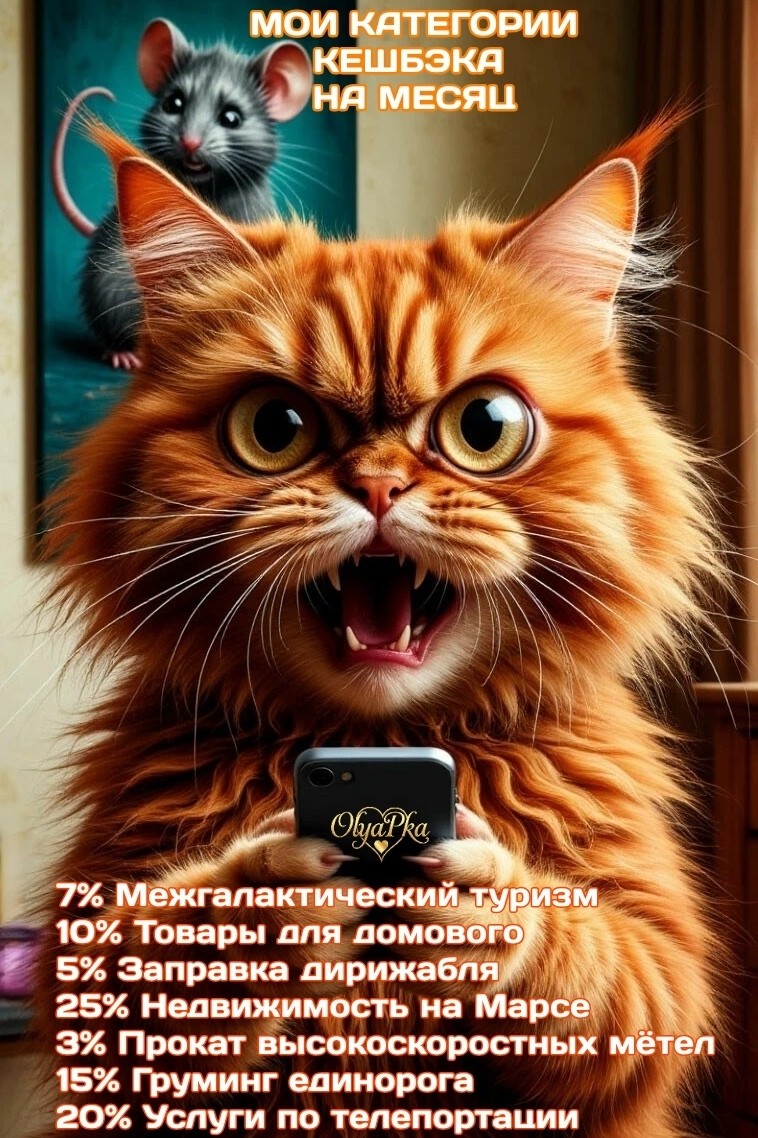 🤣✅👍
Импровизация на тему кешбэка. Подошёл срок выбрать категории на месяц… А тут такой ассортимент, что глаза разбегаются! Действительно, как всегда, всё самое нужное и необходимое!
#юмор [#кешбэк ](кешбэк)[#улыбнись ](улыбнись)[#нейроарт ](нейроарт)#Olyapka
