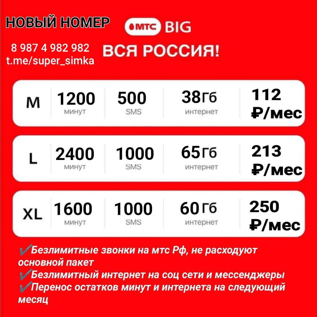Мтс. Новые сим карты.
Без выбора номера.

Домашний регион Ярославль, Нижний Новгород.
Можно забрать в любом городе России, в межфилиальном салоне.

1900₽

Безлимитные звонки на Мтс России, не расходуют основной пакет. 

Безлимитный интернет на соц сети и мессенджеры. 

Перенос остатков минут и интернет на следующий месяц. 

Нужен другой тариф или оператор?
✍️ vk.com/ramil_gaitkulov
✍️ t.me/ramil_gaitkulov
✍️ wa.me/79874982982
📳 8 987 4 982 982

Всё о выгодных тарифах на канале:
https://t.me/super_simka

#mts #мтс #симкарты #россия
#ярославль [#нижнийновгород](нижнийновгород) 