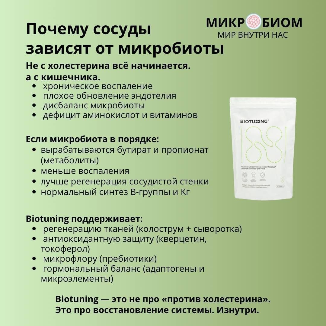 А сейчас еще серьезнее‼️

🍀 *Сердечно-сосудистые проблемы начинаются не с холестерина. А с кишечника* 

Привычно думать: «сердце шалит — значит, давление, холестерин или гены».
На деле всё куда тоньше. И начинается оно с кишечника.

Внутри сосудов есть тонкий слой — эндотелий. Он обновляется каждый день, как кожа.
Если не обновляется — появляются микроповреждения.
Организм затыкает их “заплатками” из жира и тромбоцитов. Вот тебе и бляшка.

*Почему эндотелий ломается?* 
🧀Воспаление
🥚Дефицит аминокислот
🍳Гормональный сбой
🧈Нарушения в микробиоме

Да-да, микробиота решает.

Если в кишечнике всё плохо:
🔵бактерии вырабатывают воспалительные метаболиты (например, TMAO)
🔵нарушается синтез витаминов группы B и K
🔵липополисахариды пролезают в кровь и поджигают воспаление

А если всё хорошо:
✅продуцируются бутират и пропионат
✅стабилизируется иммунка
✅эндотелий живёт и обновляется

🍕🍕🍕🍕🍕🍕🍕🍕🍕🍕🍕
*Biotuning* — это не про “витаминки для сосудов”. Это про фундамент.

*Что в составе:* 
🟣Колострум + сыворотка → аминокислоты для восстановления тканей
🟣Кверцетин и токоферол → антиоксидантная защита сосудов
🟣Пребиотики → еда для бактерий, которые снижают воспаление
🟣Микроэлементы → поддержка печени и щитовидки
🟣Адаптогены → меньше кортизола — меньше воспаления

*Сосуды* — это не просто труба. Это часть иммунной и нейрогормональной регуляции. Холестерин — это последствие.
Проблема — глубже.

Biotuning работает именно там🌿