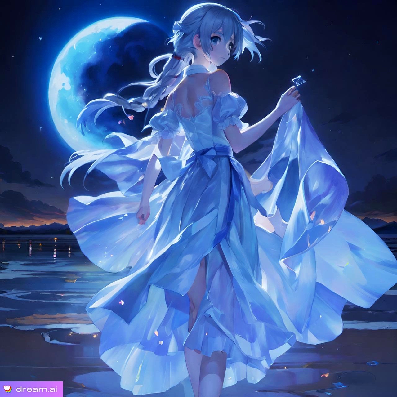 This painting is saturated with dreams and moonlight ⌨️Let's look at the picture The image of the girl is very delightfully rendered🦋 She's elegant I think it's fashionable to fall asleep with a good night's sleep on this picture 😂