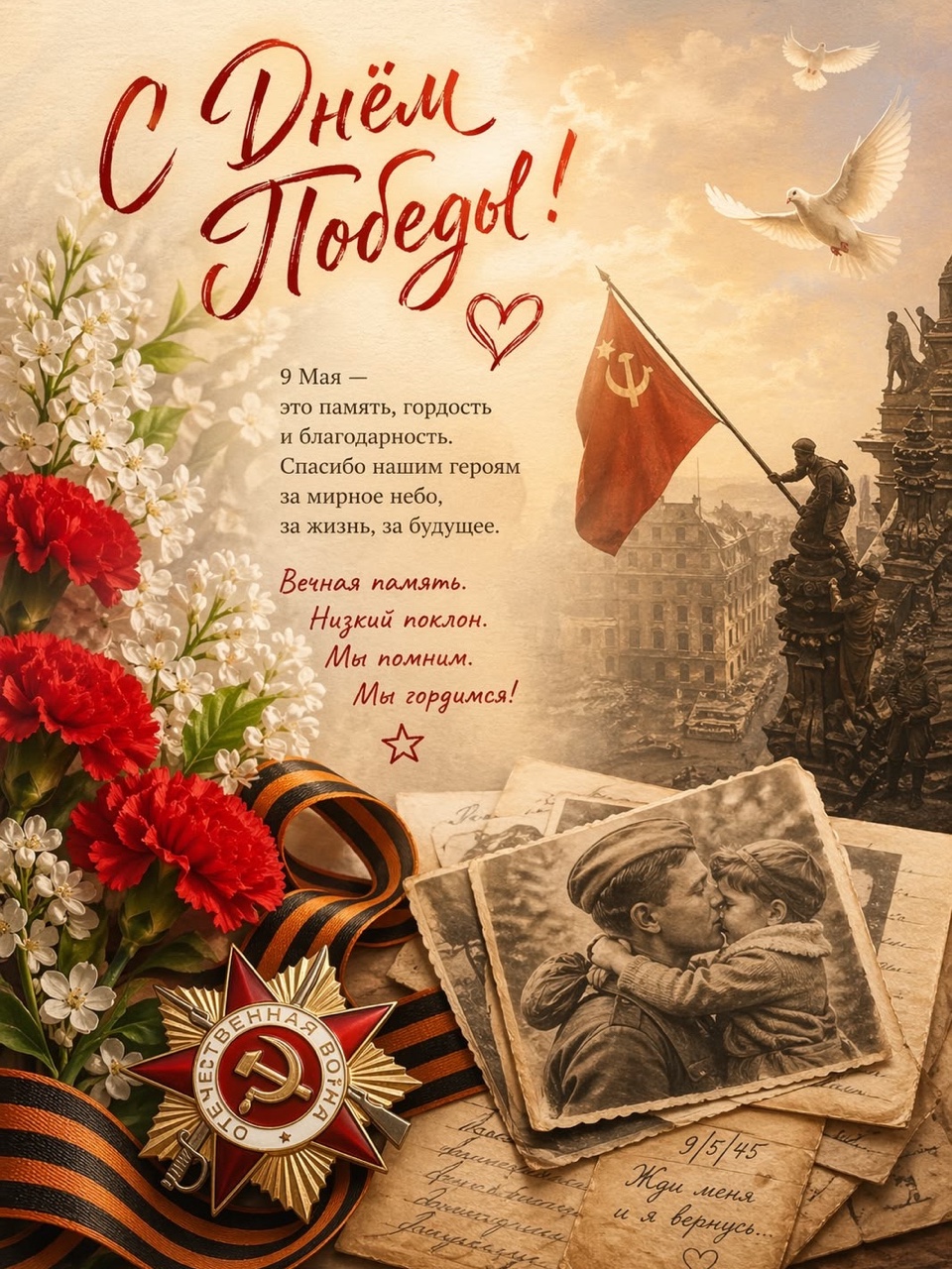 С Днём Победы! 
9 Мая — это не просто праздник, это символ несгибаемой воли и мужества. 

Желаю вам мирного неба над головой, счастья, добра и только радостных новостей. Пусть подвиг героев всегда живет в наших сердцах.

🕊 

В этот великий день мы вспоминаем тех, кто отдал жизни за Родину, и благодарим тех, кто выжил. Низкий поклон героям! 

Желаю всем чистого неба, солнечных дней, крепкого здоровья и чтобы рядом всегда были любящие сердца. С Победой!