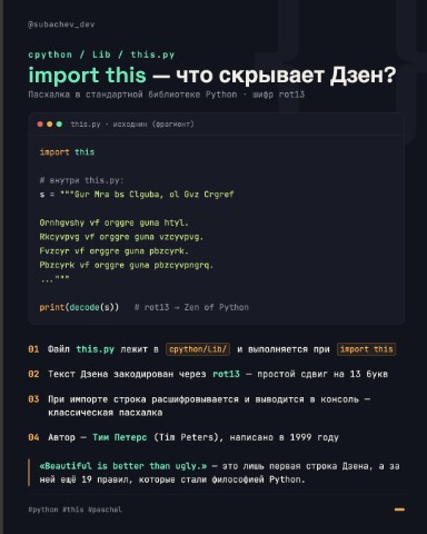 Subachev Dev в LOOKY. #python,#pythontips,#devcommunity,#paschal,#this. 🧠 import this — что...