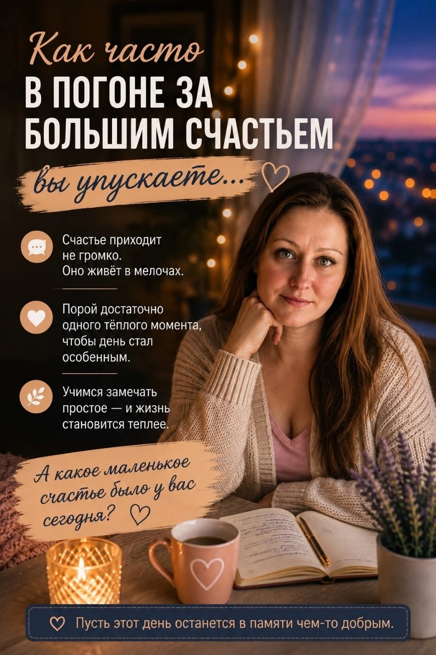 ...КАК ЧАСТО В ПОГОНЕ ЗА БОЛЬШИМ СЧАСТЬЕМ МЫ ПРОХОДИМ МИМО  МАЛЕНЬКОГО, НО НАСТОЯЩЕГО?.... 

Мы почему-то уверены, что счастье — это что-то огромное.
Когда всё получится.
Когда будет больше денег.
Когда закончится сложный период.
Когда жизнь наконец станет идеальной.

Но ведь чаще всего жизнь меняется совсем иначе.

Она меняется в тот день, когда кто-то неожиданно написал:
  «Как ты сегодня?»

Когда дома тихо и спокойно.

Когда можно никуда не спешить.

Когда ребёнок забежал обнять просто так.

Когда вечер оказался теплее, чем вы ожидали.

Такие моменты кажутся слишком маленькими, чтобы считать их счастьем.

Но проходит время — и именно их мы вспоминаем с особой теплотой.

Может быть, счастье не приходит однажды.

Может быть, оно приходит понемногу.
Каждый день.
Просто мы не всегда успеваем его заметить.

💛 А какое маленькое счастье было у вас сегодня?

🌿 Пусть  этот день не станет исключением и  оставит после себя что-то доброе!!!....

#мысливслух #женскийблог #простоесчастье #теплыйразговор