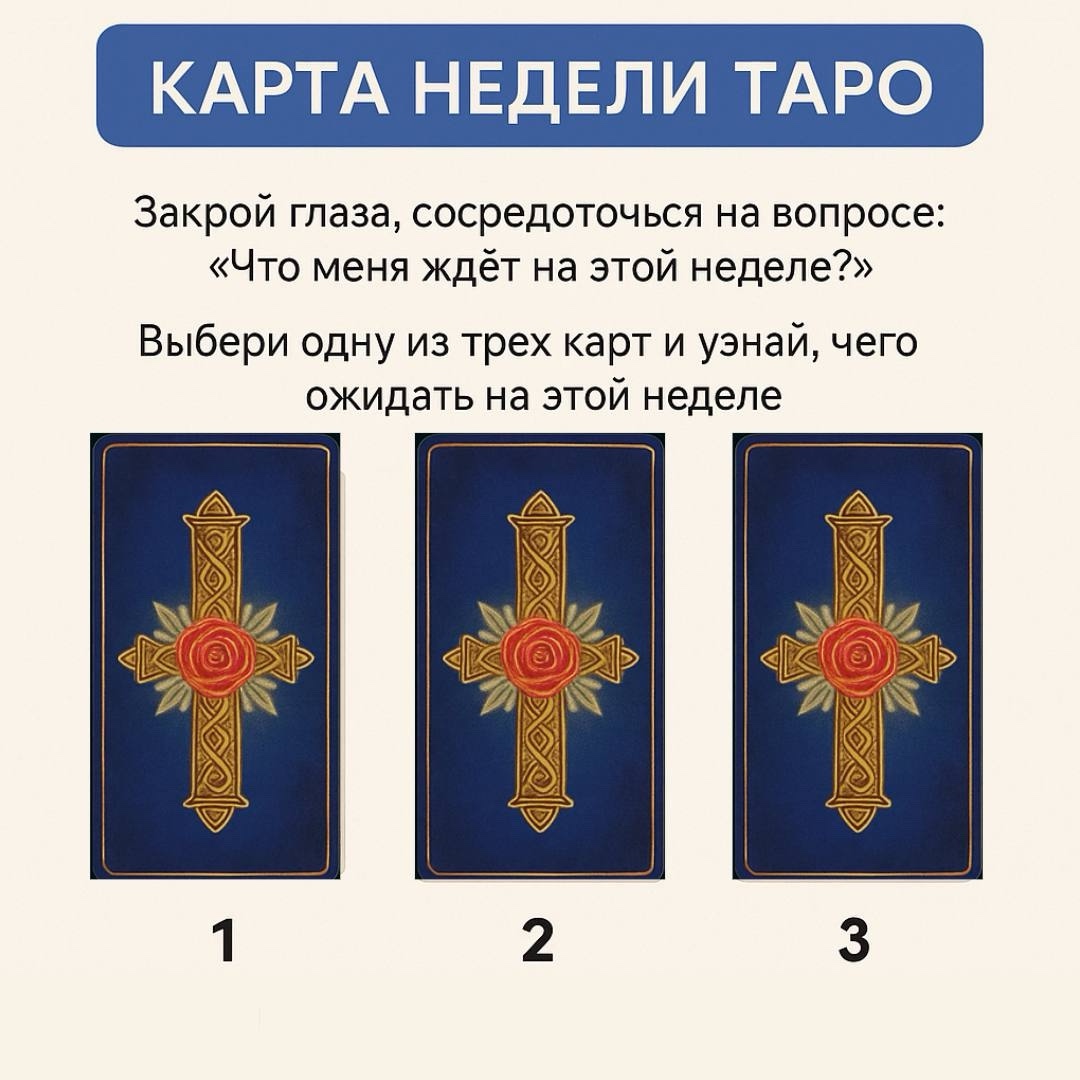 КАРТА НЕДЕЛИ ТАРО Закрой глаза, сосредоточься на вопросе: «Что меня ждёт на этой неделе?» Выбери одну из трёх карт и узнай, чего ожидать:

1. Колесница Ты на пороге важного прорыва. Эта неделя даст тебе шанс взять контроль в свои руки и двигаться вперёд с полной решимостью. Главное — не отклоняться от цели и сохранять внутреннюю дисциплину.
2. Дьявол Будь осторожен с искушениями и зависимостями. Эта карта говорит о ловушках, в которые ты можешь попасть, если поддашься страхам или привязанностям. Настало время освободиться от того, что тебя сдерживает.
3. Королева кубков Неделя наполнена интуицией, эмоциональной глубиной и заботой. Обрати внимание на своё внутреннее состояние и на близких. Это хорошее время для медитации, творчества и душевных разговоров.