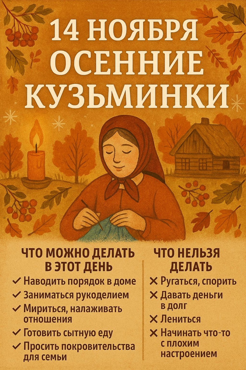 🍂 14 ноября — Осенние Кузьминки
#Какойсегоднядень 

По народному календарю — тёплый и домашний праздник, посвящённый Кузьме и Демьяну, покровителям уюта, семейного мира и ремёсел.

🔥 Что можно делать в этот день

✔ Наводить порядок в доме.
Считалось, что очищение пространства приносит силу и удачу на всю зиму.

✔ Заниматься рукоделием.
Шитьё, вязание, вышивание — всё, что связано с домашним теплом.
Ремёсла сегодня особенно «ладятся» и приносят благополучие.

✔ Мириться и налаживать отношения.
Кузьминки — день восстановления гармонии в семье.

✔ Готовить сытную еду.
Пекли блины, лепили вареники, варили кашу — всё «для сытости дома».

✔ Просить покровительства для семьи.
По традиции женщины читали домашние молитвы и обереги на мир в доме.

🚫 Что нельзя делать

✖ Ругаться, спорить, обижать близких.
Говорили: «Как Кузьма с Демьяном мир держат — так и нам держать».

✖ Давать деньги в долг.
Считалось, что вместе с деньгами отдашь тепло своего дома.

✖ Лениться.
Это день добрых дел, заботы о доме и о родных. Безделие «размывает» семейное счастье.

✖ Начинать что-то с плохим настроением.
Любое дело, начатое в ссоре, «не сложится».

🌿 Энергия дня

Осенние Кузьминки — время укреплять:
• дом,
• семью,
• личные границы,
• внутреннюю опору.

Считается, что всё, что ты делаешь сегодня с добротой и сердцем, приумножится зимой.