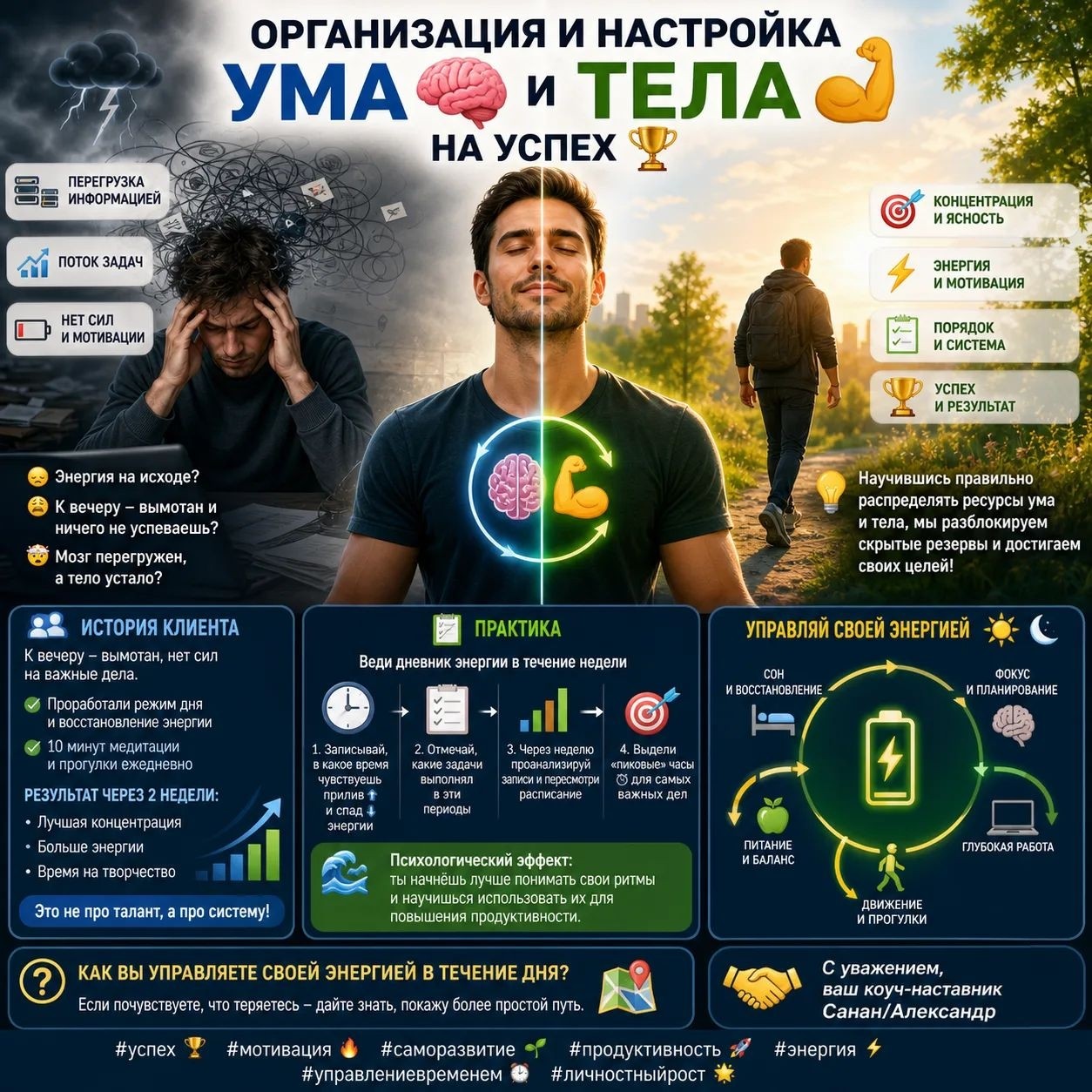 Организация и настройка ума 🧠 и тела 💪 на успех 🏆

Чувствуете, что энергия на исходе? 📉

😞 Иногда кажется, что сил хватает только на рутинные задачи 📋, а на то, что действительно важно и интересно ✨ — уже ничего не остаётся. Мозг 🤯 словно перегружен, а тело 😴 устало.

🧠 На уровне мозга это выглядит так: постоянный поток информации 📚 и задач 📈 создаёт перегрузку, и нейронные пути, отвечающие за концентрацию 🎯 и мотивацию 🔥, «затухают» 💔.

💡 В этом и есть суть системы: научившись правильно распределять ресурсы ума 🧠 и тела 💪, мы можем разблокировать скрытые резервы 🚀 и направить их на достижение целей 🎯.

😅 А внутренний голос 🗣️ иногда шепчет: «Может, завтра начнёшь?» 📅 Но мы-то знаем, что завтра может не наступить… ⏳

🤝 Один из клиентов пришёл с проблемой: к вечеру полностью выматывался 😩 и не мог сосредоточиться на важных делах. На первых сессиях мы вместе проработали режим дня 🗓️ и методы быстрого восстановления энергии ⚡. Ключевой поворот 🔑 наступил, когда он начал выделять 10 минут на короткие медитации 🧘‍♀️ и прогулки 🌳. Видимый результат через две недели: улучшилась концентрация, появилось больше сил для творческих задач 🎨. Важно: это не про талант 🌟, а про систему ⚙️ и совместную проработку, которую ты тоже можешь пройти шаг за шагом 🦶.

📝 Практика: заведи блокнот ✏️ и в течение недели записывай ✍️, в какое время дня ты чувствуешь прилив ⬆️ и спад ⬇️ энергии. Отмечай 📌, какие задачи выполнялись в эти периоды. Через неделю проанализируй записи 📊 и пересмотри расписание, выделив «пиковые» часы ⏰ для самых важных дел. Психологический эффект: ты начнёшь лучше понимать свои ритмы 🌊 и научишься использовать их для повышения продуктивности. 🚀

🤔 Как вы управляете своей энергией ⚡ в течение дня? ☀️🌙

Если в какой‑то момент почувствуете, что теряетесь 😵‍💫 — дайте знать, покажу более простой путь. 🗺️

С уважением, ваш коуч‑наставник Санан/Александр 🙏

успех 🏆 #мотивация 🔥 #саморазвитие 🌱 #продуктивность 🚀 #энергия ⚡ #управлениевременем ⏰ #личностныйрост 🌟