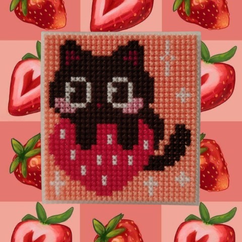 pinky_23 в LOOKY. #вышивкакрестиком,#картинки,#котики,#творчeство,#handmade. °~•♡︎котик с клубник...