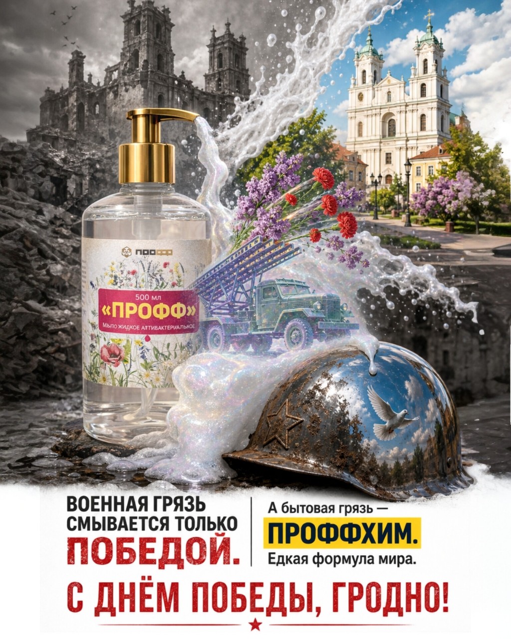 Война — это самое трудное пятно в истории человечества. Но наши предки нашли на него свой «рецепт»: тонны мужества, литры отваги и железная воля. Ополоснули грязь и навели лоск над мирными городами.

Завод ПРОФФХИМ кланяется ветеранам! Спасибо, что дали нам право заниматься мирной химией — мыть окна, стирать вещи и отбеливать поверхности.

Чистота там, где помнят подвиг. С праздником! 🌟
С 9 Мая, Гродно! С днём Великой Победы.