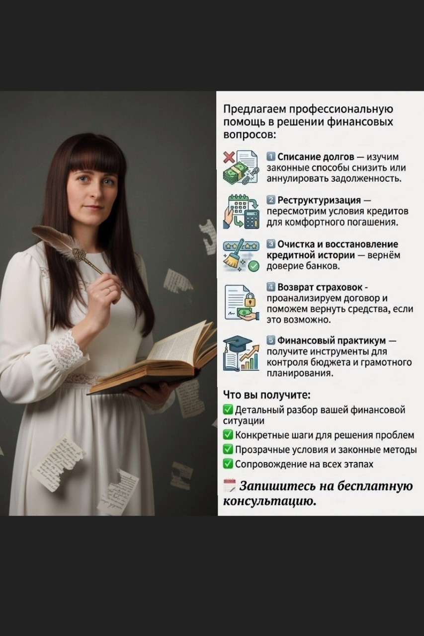 💰 Хотите вернуть контроль над своими финансами?

Мы не просто даём советы — мы решаем проблемы. Наша цель — чтобы вы чувствовали себя уверенно и спокойно, зная, что ваши финансы под защитой.

Вот что мы сделаем для вас:

🔹 Разберём вашу ситуацию до мелочей и найдём скрытые возможности (например, возврат страховок или списание части долга).
🔹 Пересмотрим условия ваших кредитов, чтобы снизить ежемесячную нагрузку (реструктуризация).
🔹 Восстановим вашу кредитную историю — и вы снова сможете получать выгодные предложения от банков.
🔹 Научим управлять бюджетом, чтобы проблемы не повторялись (наш финансовый практикум).

🎯 Результат, который вы получите: не просто «бумажку с планом», а чёткую дорожную карту и нашу поддержку на каждом шагу.
🎁 Начните с бесплатной консультации — это первый шаг к финансовой стабильности. Записывайтесь уже сегодня!