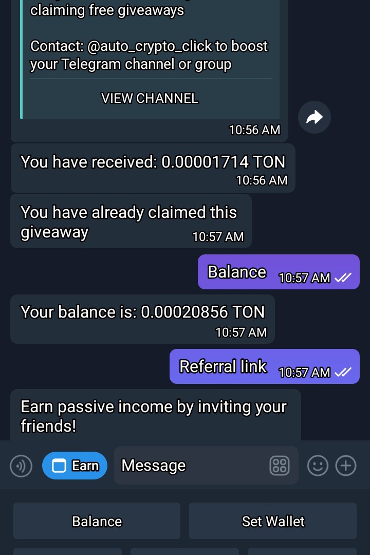 https://t.me/toncoingiveaway_bot?start=ref_6594803541FEEL LIKE TO EARN ON TG? no tap tap ...lol. ... ... just do what the Bot say's  .... For a click you get a credit bip...... I have got more real passive Earnings... For doing some tasks getting you family and friends to join you .....