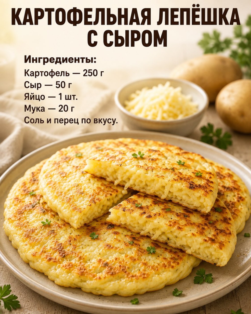 Меню на каждый день в LOOKY — КАРТОФЕЛЬНАЯ ЛЕПЁШКА С СЫРОМ

Натереть сырой картофель на кр
