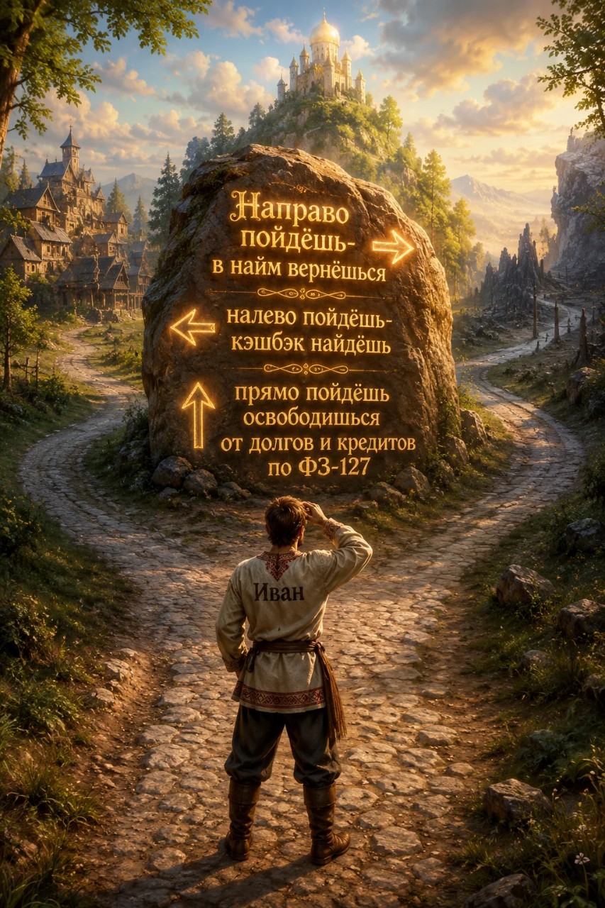 Стоял Иван  на перепутье трёх дорог, чесал затылок. А перед ним камень-валун лежит, и надпись на нём неоновая светится:

➡️«Направо пойдёшь — в найм вернёшься. Зарплата стабильная два раза в месяц, ипотека под бешеный процент, корпоративы с пиццей и ДМС со стоматологией. Но свободы больше не увидишь».
⬅️«Налево пойдёшь — кэшбэк найдёшь. Будешь гоняться за промокодами, ловить скидки по геолокации, жить от распродажи до распродажи. Денег всё равно нет, зато корзина на маркетплейсах пухнет».
⬆️«Прямо пойдёшь — освободишься от долгов и кредитов по ФЗ-127. Шагнёшь-и нет за плечами мешка с процентами, звонками коллекторов и бессонными ночами.

Почесал Иван затылок ещё раз.
— В найм (направо) я всегда успею, там очередь из таких же Иванов стоит. По скидкам шариться (налево) — только время терять да нервы мотать, когда «товар закончился».

Махнул рукой Иван и пошёл прямо. Страшно было шаг делать, казалась та дорога пропастью😫
Идёт через Долину Блокировки Карт, мимо Топи Микрозаймов пробирается. Тяжело! 
Вдруг, налетел ветер юридический, загудели невидимые помощники - юристы🌪🌪🌪
Подняли они Ивана над землёй, пронесли через бумажную бурю судов и списали его долги подчистую!!!
Сбросил Иван многопудовый мешок с процентами, выпрямился во весь рост! Вокруг тишина, птички поют, а телефон больше не разрывается от звонков коллекторов☺ Свобода!
С тех пор спит Иван, как младенец, дышит полной грудью.
Потому что понял главный закон сказочного маркетинга☝СВОБОДА ПАХНЕТ НЕ НОВЫМ АЙФОНОМ В КРЕДИТ, А НУЛЁМ В ГРАФЕ "ЕЖЕМЕСЯЧНЫЙ ПЛАТЁЖ"
⎯⎯⎯⎯⎯⎯⎯⎯⎯⎯
А куда бы пошёл ты?
👉 Направо (стабильность)
🫣 Налево (скидки)
✅ Прямо (свобода) — пиши свой выбор в комментариях!

#сказка #финансоваяграмотность #кредитоффнет #выборсвоегопути
#мысвои

Я, если честно,  выбираю дорогу прямо. Свобода от обязательств позволяет дышать глубже, строить планы на годы вперёд и тратить заработанное на собственные мечты, а не на проценты банку. Главное сокровище этого пути — спокойный сон и уверенность в завтрашнем дне.
Если ты🫵 тоже пойдёшь прямо, то я подскажу, с чего начать этот путь🧗