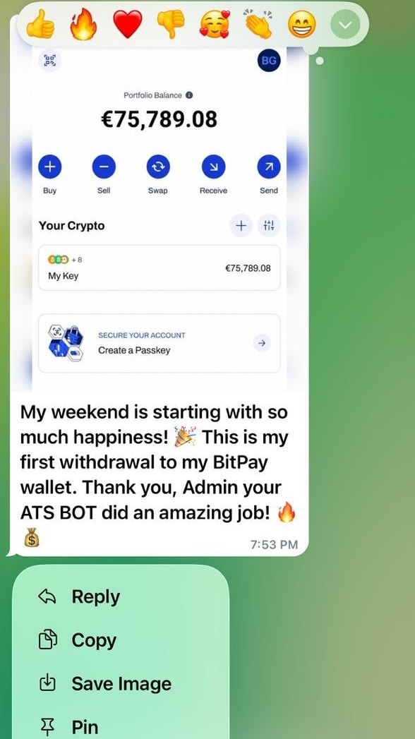 Congratulations! 👏🎉

Thank you so much for your wonderful feedback and for trusting and working with ATS BOT TRADING. We’re truly happy to know that you’re benefiting from our platform.

Stay safe, keep growing, and keep earning with us! 🚀💰