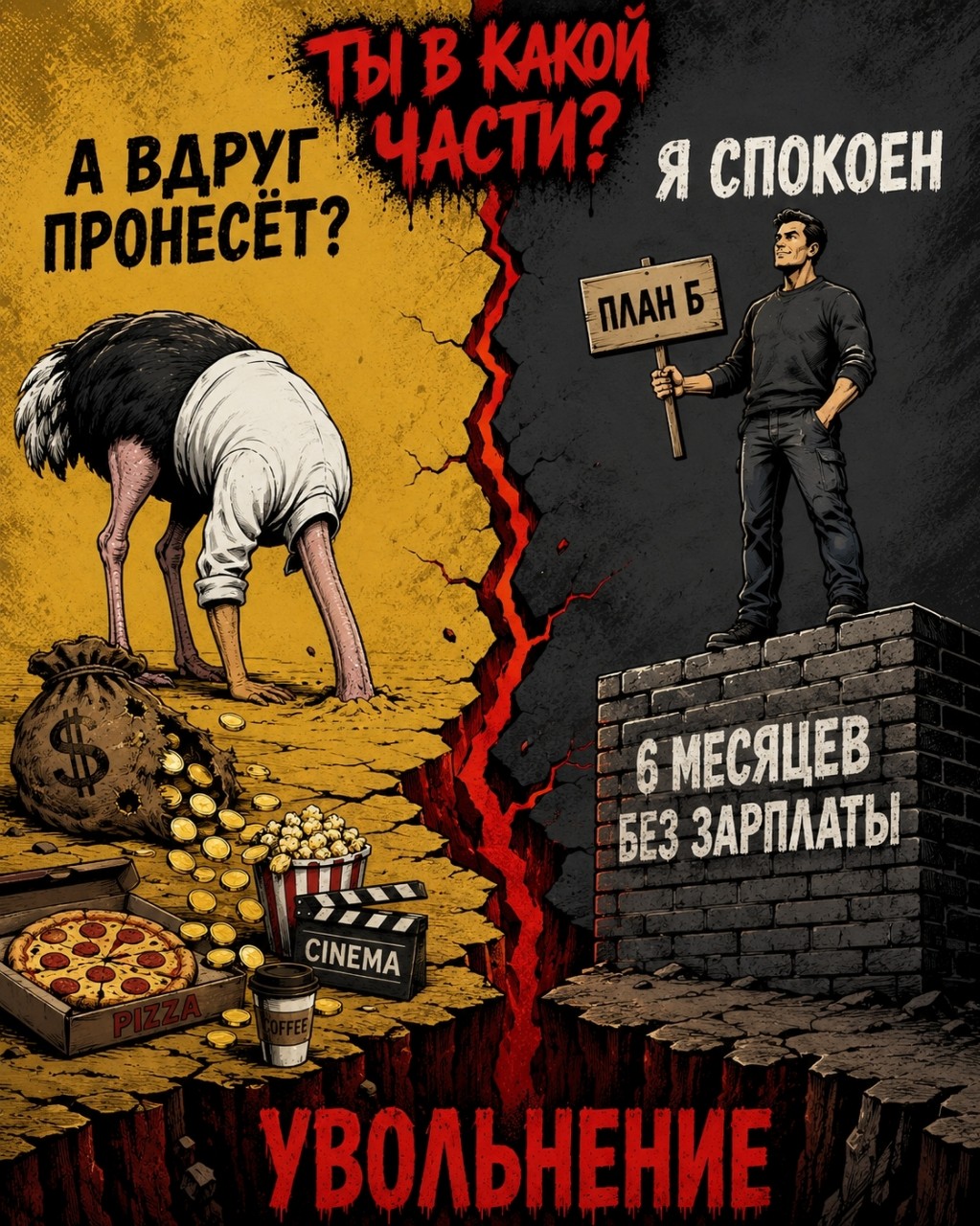 «Тебя уволят через 2 месяца. Ты готов?»

Каждый день тысячи людей просыпаются и идут на работу, которую ненавидят. Они верят в миф: «Меня не тронут, я незаменим».

Но статистика безжалостна. Экономика штормит. Компании сокращают целые отделы за неделю. Черные списки и «оптимизации» не щадят ни стажеров, ни топов с 10-летним стажем.

Я задаю себе один вопрос — и задаю его тебе:

Почему 90% людей живут так, будто увольнения не существует?

У них нет «подушки». 3–6–12 месяцев жизни без зарплаты? У большинства нет даже одного месяца. Причина не в маленькой зарплате. Причина — в стратегии страуса.

Вот 3 главные причины самообмана:

1. Эффект «нормальности». «Пока всё хорошо, значит, будет всегда». Мозг экстраполирует прошлое на будущее. Это эволюционная ловушка.
2. Страх знать правду. Посчитать расходы и увидеть, что ты в зоне риска — больно. Легче включить сериал.
3. Магическое «авось». «Может, пронесет. Может, я уйду сам до сокращения». Нет, не пронесет. Рынок не спрашивает.

Вот жесткий факт:
Если тебя уволят завтра — вывезешь? Хватит ипотеки, кредитов, еды, лекарств на 3 месяца?

Если ответ «нет» или «не знаю» — ты в красной зоне.

Что делать прямо сейчас? Не через год. СЕГОДНЯ.

1. Открой приложение банка и честно посмотри минимальные расходы за 3 месяца.
2. Создай отдельную «тревожную» копилку. Клади туда даже 500–1000 руб. с зарплаты. Не трогать НИ ПОД КАКИМ ПРЕДЛОГОМ.
3. Продай одну ненужную вещь с Avito сегодня. Деньги — в подушку.
4. Обнови резюме и заведи 2 отклика на похожие вакансии. Рынок труда надо мониторить всегда, даже если ты «всё любишь».

Подушка безопасности — это не паника. Это свобода выбора. Человек с деньгами на 6 месяцев вперёд может послать токсичного начальника. Человек без копейки — будет терпеть.

Выбери, кем ты будешь через год: тем, кто спит спокойно, или тем, кто в 3 часа ночи пересчитывает мелочь на хлеб?

👇 Напиши в комментариях «ОК» — и я пришлю чек-лист из 5 шагов, как начать копить подушку с зарплаты 30 000 ₽.