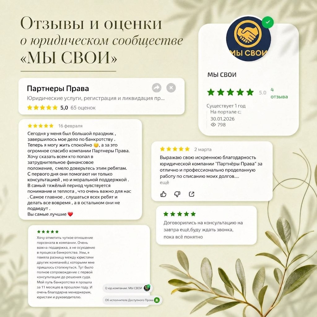 Бывают непростые истории, когда человек идёт к юристам, заплатив немалые деньги, а в итоге остаётся ни с чем — с проигранным судом и ушедшим временем. Некоторые даже называют эти конторы «шарагами», где не могут внятно довести дело до конца. Но есть и реальные примеры, когда процедура банкротства прошла быстро, юристы взяли всё на себя по доверенности и списали долги без участия клиента.

Вот реальные слова людей:

👤 «Всё мои долги успешно списаны, процедура прошла быстро, юристы все документы собирали полностью самостоятельно — я очень благодарна» (из отзыва о «Партнер Права»)

👤 «Очень боялась последствий банкротства, но юристы все честно рассказали заранее. Никаких обещаний „золотых гор“, только факты. Итог таков — долги списали, жизнь наладилась» (из отзыва о компании «Мы свои»)

А ещё есть истории, когда люди с 30+ микрозаймами и долгом почти в 2 миллиона рублей спустя полгода-год выдыхали и говорили: «Спасибо за помощь — я никому ничего не должен».

Какой бы путь вы ни выбрали, важно не терпеть это в одиночку. Если нужен будет совет или поддержка — я здесь.

Сохраните пост, чтобы не потерять. Вопросы в комментарии, отвечу.