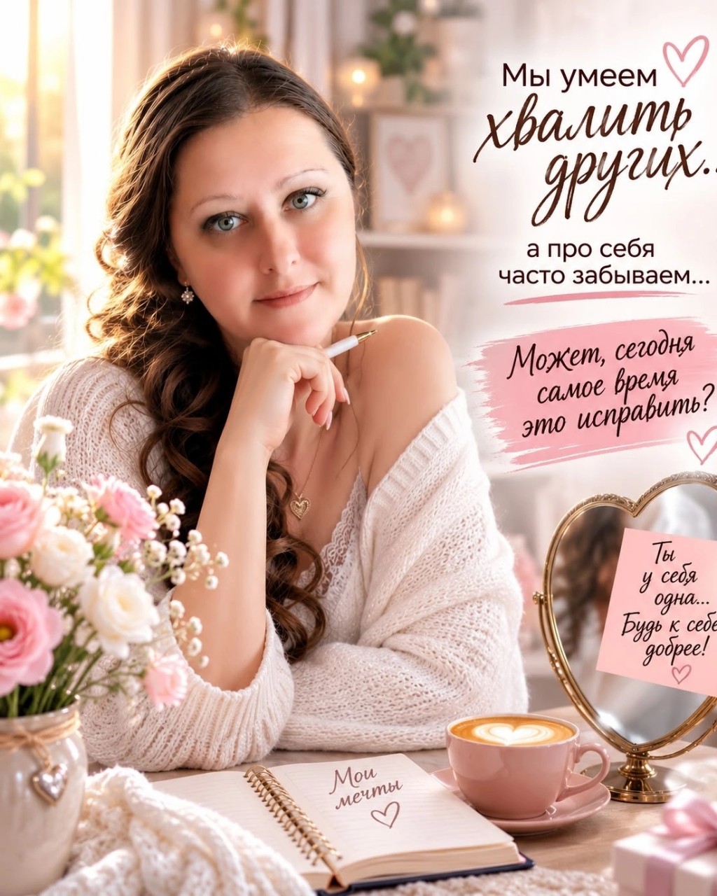 ... ИНОГДА МЫ ПРОСТО СЛИШКОМ  СТРОГИ К СЕБЕ ...

Я всё чаще подмечаю одну вещь.

Мы умеем поддерживать других.

Находить нужные слова.

Подбодрить.

Похвалить.

Сказать: «У тебя обязательно получится!».

Но почему-то, когда дело касается нас самих, всё меняется.

Мы начинаем сомневаться.

Критиковать себя.

Сравнивать с другими.

Думать, что кто-то красивее, смелее, успешнее.

И знаете...

Наверное, с возрастом начинаешь смотреть на многое иначе.

Понимаешь, что самая трудная борьба происходит не с обстоятельствами.

Она происходит внутри нас.

Когда очень хочется попробовать что-то новое, а внутренний голос тихо шепчет:

«Да куда тебе......»

Мне этот голос тоже знаком.

Иногда он появляется именно тогда, когда хочется сделать шаг вперёд.

Но я всё больше убеждаюсь: не обязательно быть уверенной на сто процентов, чтобы начать.

Иногда достаточно просто сделать следующий маленький шаг.

Пусть он будет совсем небольшим.

Именно из таких шагов однажды складывается длинная дорога.

Сегодня мне захотелось пожелать каждому, кто читает эти строки, быть к себе немного добрее.

Возможно, именно этого нам иногда не хватает больше всего.

🌿 Пусть сегодняшний день оставит после себя что-то доброе!...

#МыслиОДобром #ЖенщинаМожет #ШагЗаШагом #ОльгаКарпухина