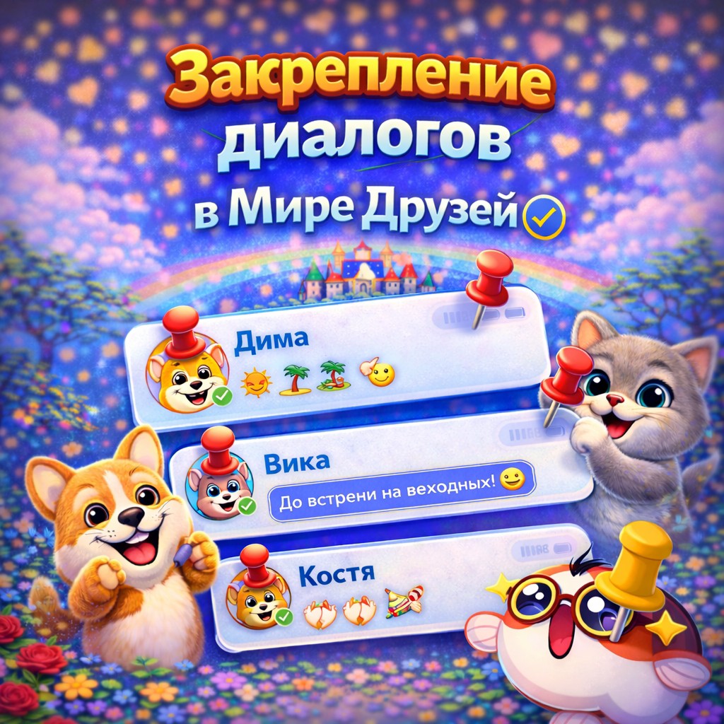 📌 **Новое обновление в «Мир Друзей»!**

Мы добавили удобную функцию — **закрепление диалогов** 🔥

Теперь вы можете:
— 📍 закреплять важные чаты вверху списка
— 💬 быстро находить нужные диалоги
— ⚡ не терять переписки среди остальных сообщений

Самые важные разговоры всегда будут под рукой — будь то друзья, семья или рабочие обсуждения.

Обновляйтесь и пользуйтесь новой возможностью уже сейчас 💙
**Мир Друзей — общение без лишних поисков.**
#здоровая_спина