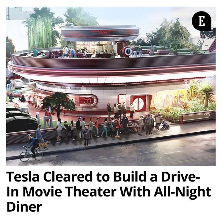 Tesla is reportedly* opening a drive-in movie theater and diner in Los Angeles that will double as a mass charging station for electric vehicles.

The new "1950s-style" venture is set to open in West Hollywood on Santa Monica Boulevard and will feature two movie screens playing classic films, a rooftop and indoor seating area, and 32 Tesla supercharger ports that will be open all night.

[#news](news) [#entrepreneur](entrepreneur) [#business](business) [#Tesla](Tesla) [#newstoday](newstoday) 